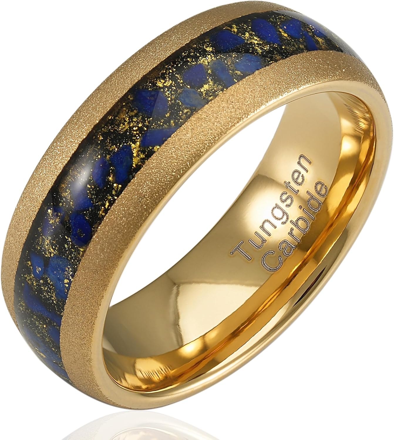 100S JEWELRY Gold Sandblast Tungsten Rings For Men Lapis Lazuli Inlay Wedding Promise Band Size 6-16