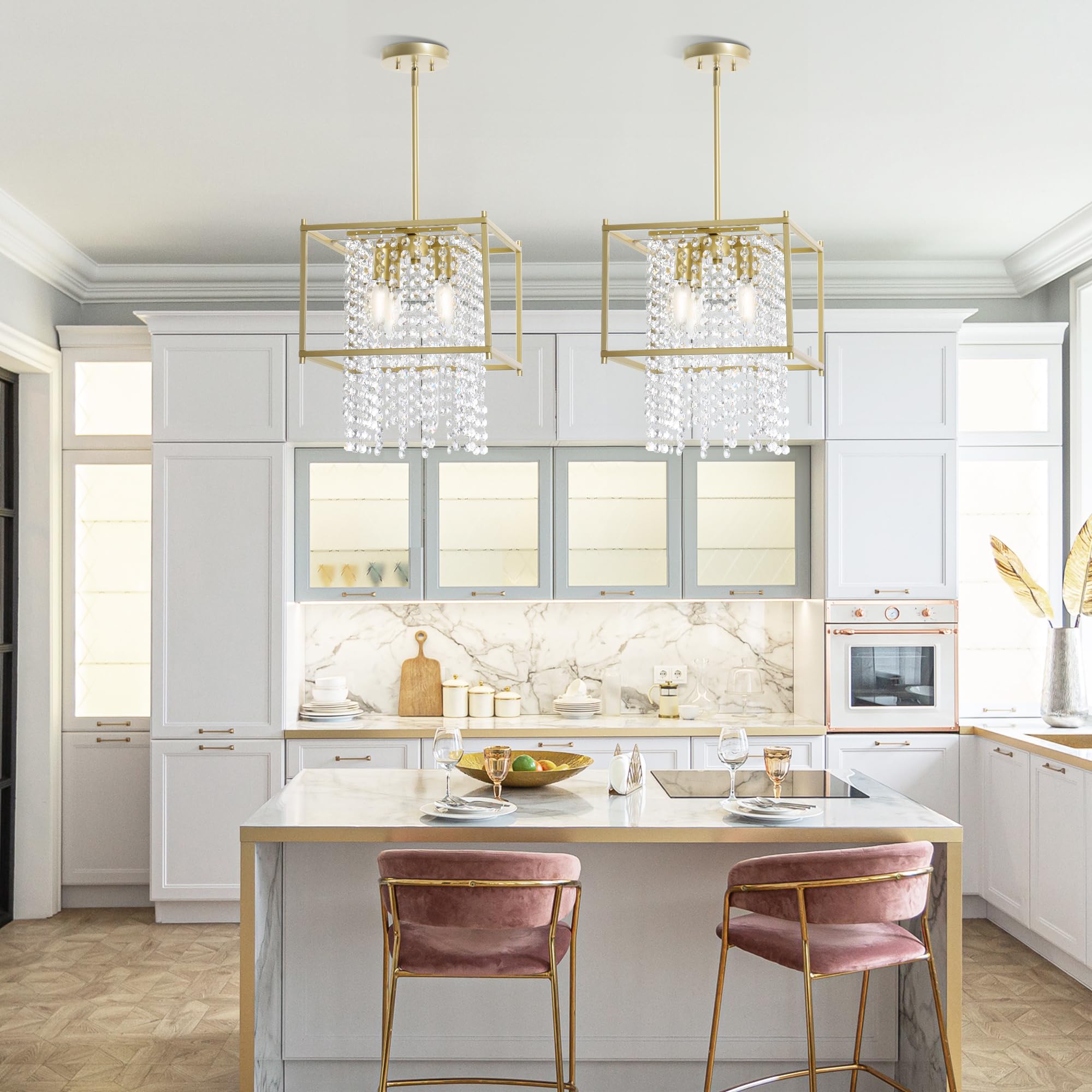 YITAHOME Gold Crystal Square Chandeliers, Modern Adjustable Island Pendant Light Fixtures for Dining Room, Kitchen, Living Room, Entryway, UL Listed