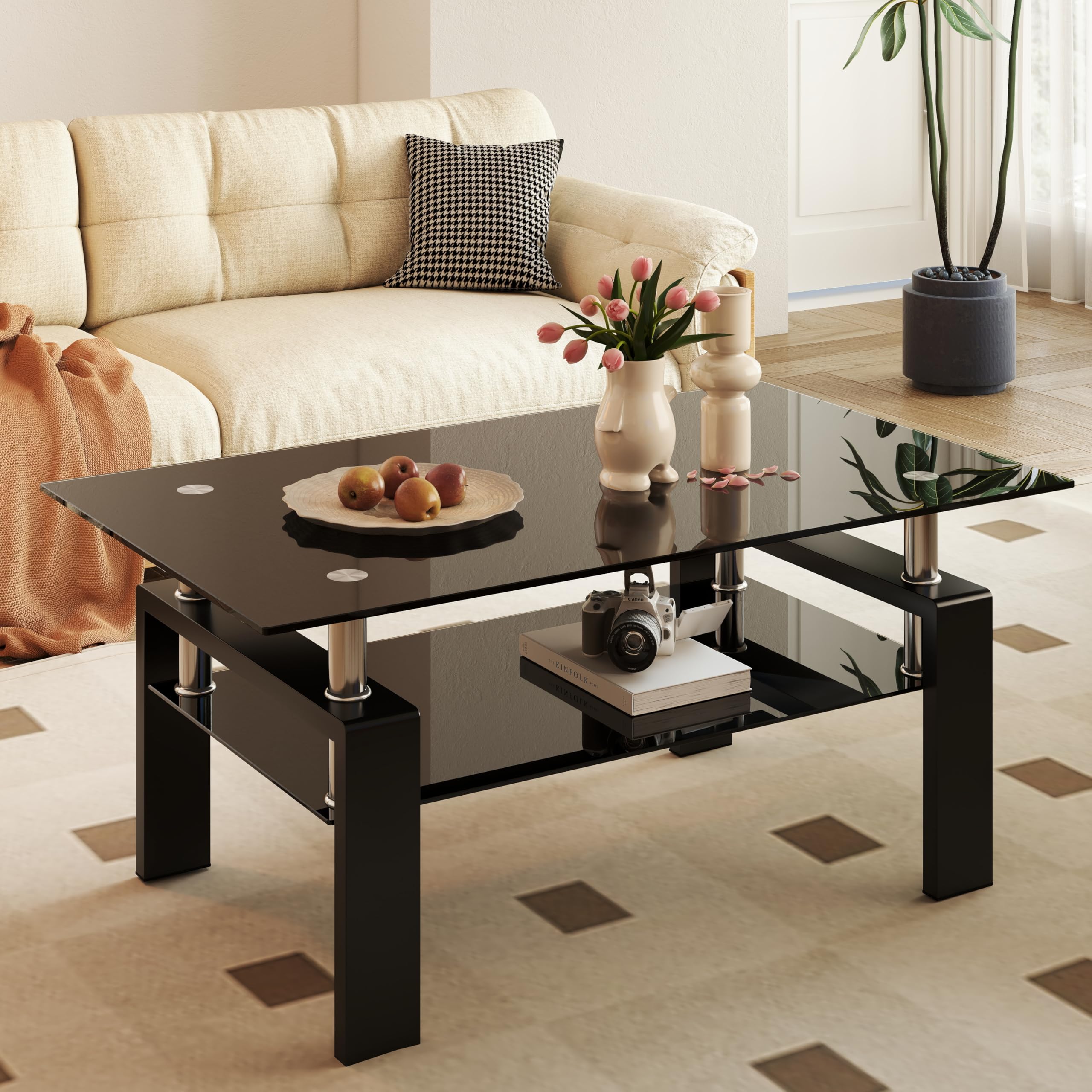 Modern Black Glass Table センターテーブル② Rectangular Glass Coffee Table 38.98 Inch, Black Modern Center