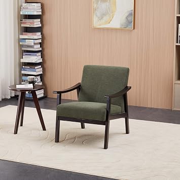 Medieval Style Armchair with High BackUpholstered Reading Chair with Solid Wood Legs, Modern Leisure Chair for Living Room Bedroom, Polyester Fabric Accent Chair, 28.94 Inch Height Antique Green