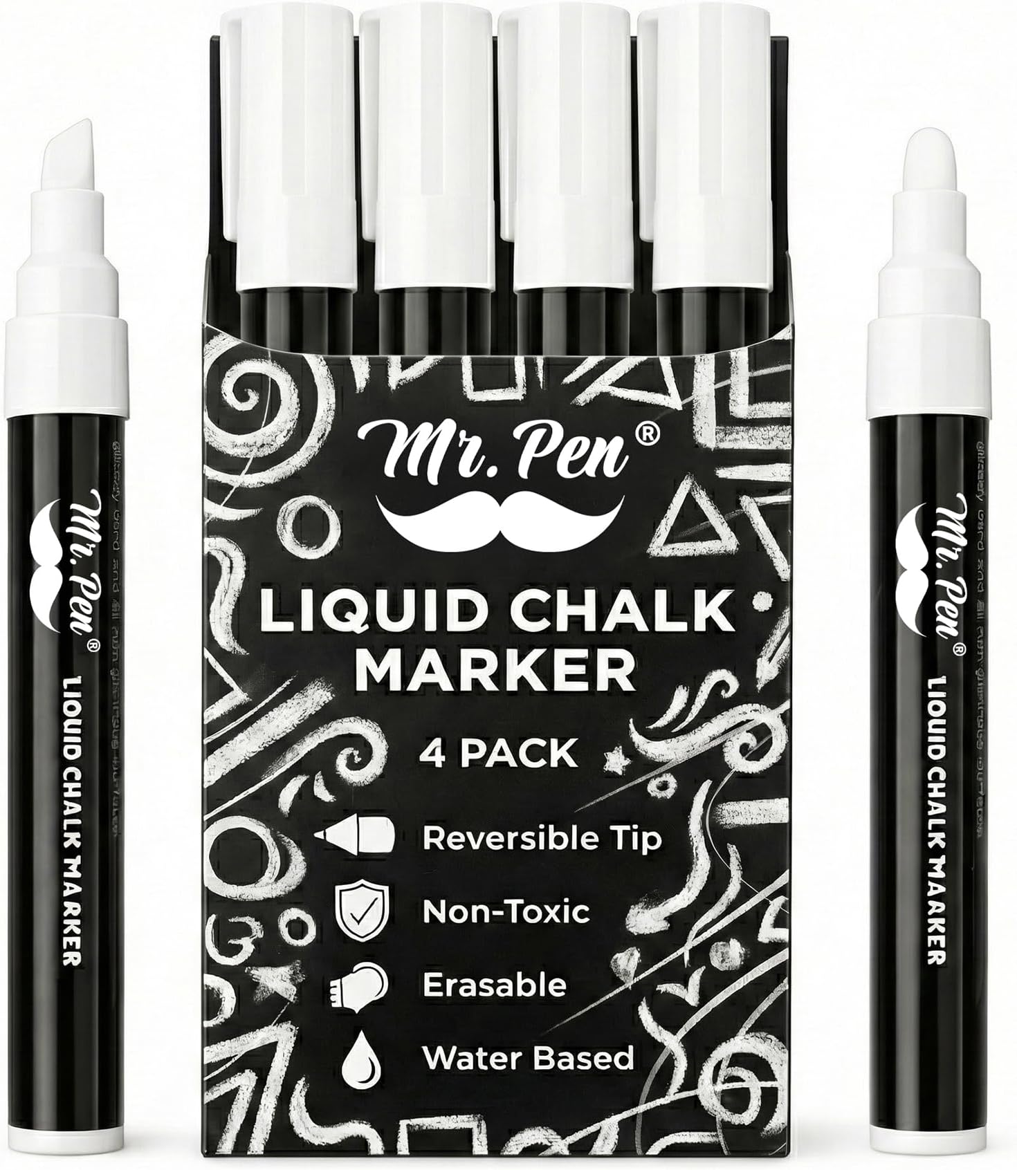 Mr. Pen- White Chalk Markers, 4 Pack, Dual Tip, 8 Assorted Colors, For Non-Porous Surfaces, Reversible Chisel and Bullet Tip