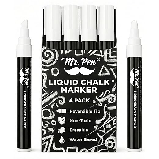 Mr. Pen- White Chalk Markers, 4 Pack, Dual Tip, 8 Assorted Colors, For Non-Porous Surfaces, Reversible Chisel and Bullet Tip