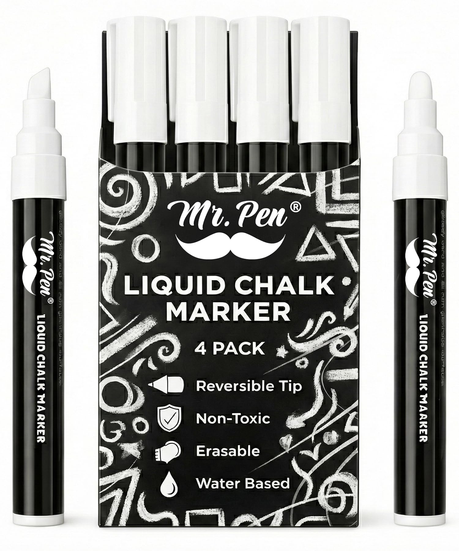Mr. Pen- White Chalk Markers for Blackboard, 4 Pack, Reversible Tip, White Liquid Chalk Marker, Non-Toxic Liquid Chalkboard for Windows and Glass, Erasable Markers