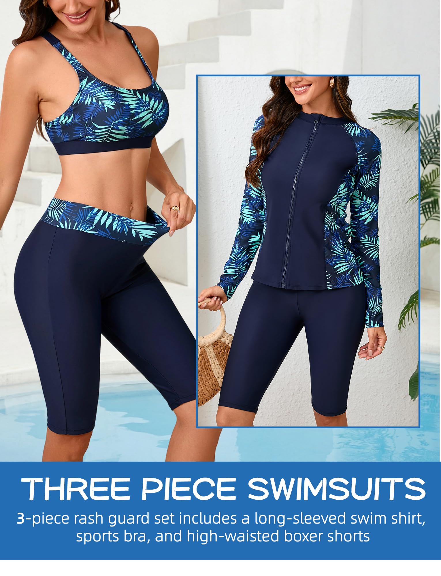 Maillot de Bain Femme 3 Pièces Anti-UV Ensemble Ensembles Rashguard Manches Longues + Short +Tankini S-2xl