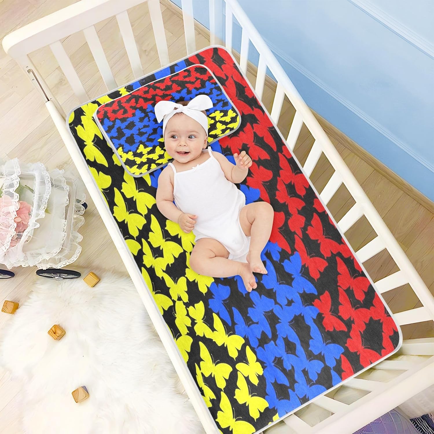 Cooling Baby Mattress pad Waterproof 28" x 52" Absorbent Armenian Flag Butterflies Red Blue Crib Padding for Sides for Kids, Adult