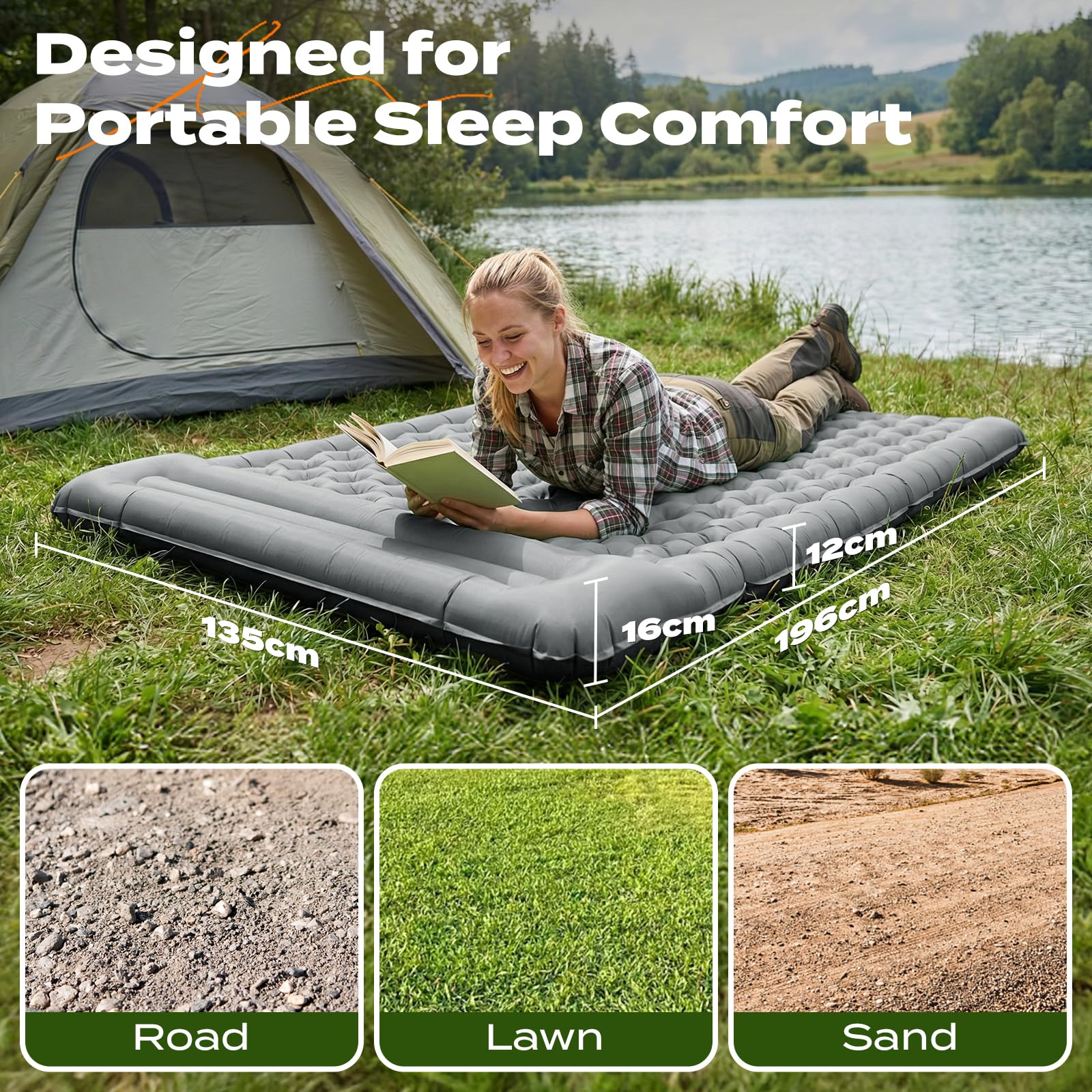 Colchoneta de Gran Tamaño, Colchón Hinchable de Camping con Almohada, Esterilla Autoinflable XXL, Gris 196 x 135 x 12 cm
