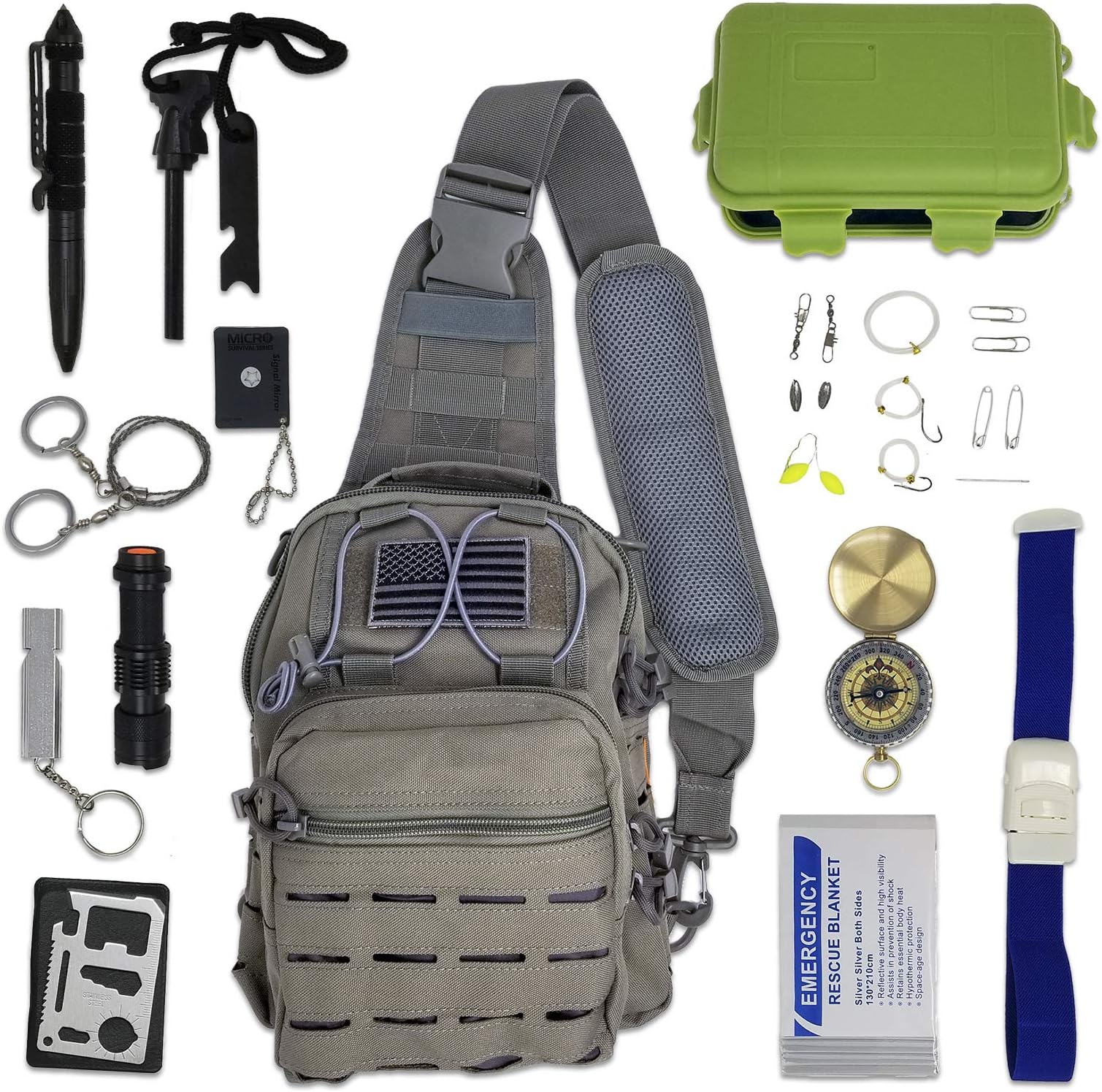 Bug Out Bag Survival Kit - Tactical Sling Bag with Emergency Gear, Hiking Fishing Backpack Tackle Bag Mini Daypack