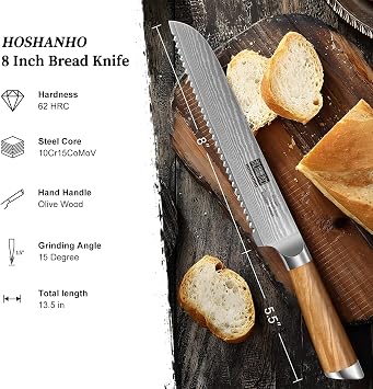 HOSHANHO Damascus Bread Knife 8, Sharp Serrated for Homemade Sourdough