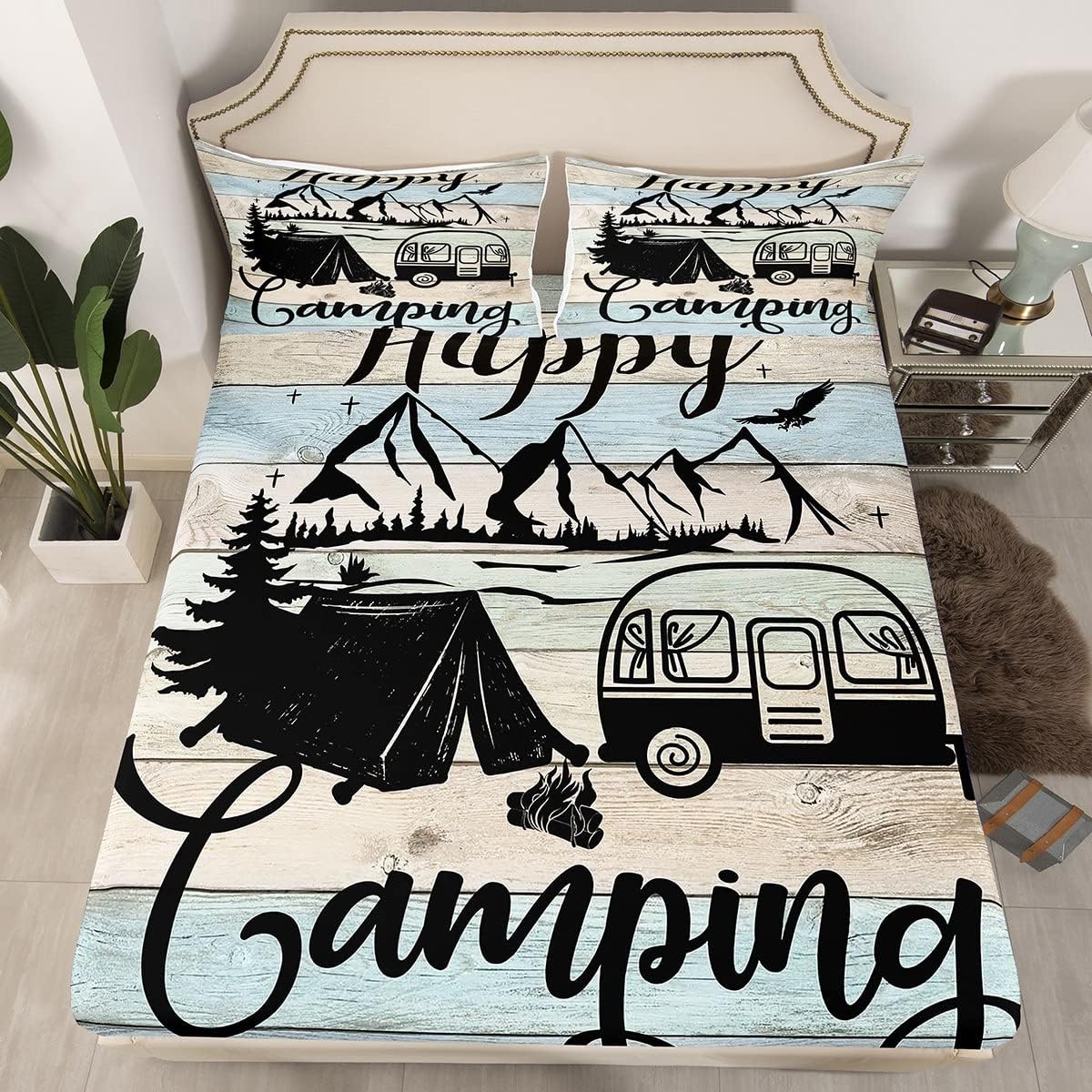 Erosebridal Happy Camping Bed Sheets Camper Fitted Sheet Twin Size