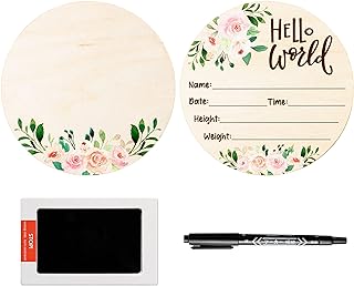 R HORSE Baby Birth Announcement Sign with Marker Pen, Pink Floral Baby Name Sign with Ink Pad for Hand and Footprints, Wooden Hello World Newborn Announcement Nursery Decor Keepsake Gifts