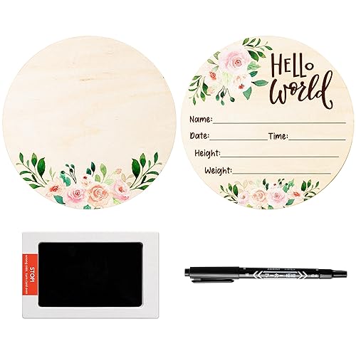 R HORSE Letrero de anuncio de nacimiento de bebé con almohadilla de tinta Hello World, letrero de nacimiento de madera con rotulador para manos y