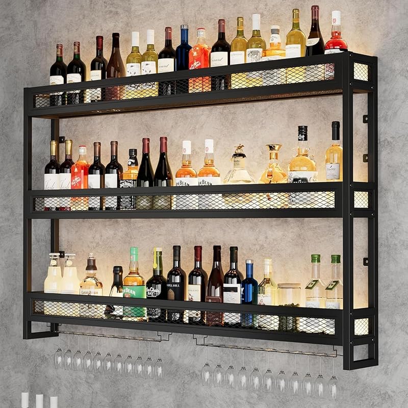 Mensole da bar da parete con illuminazione a LED, in metallo, per bottiglie e bicchieri da appendere, mensole industriali da bar per casa, bar, cucina o cantina