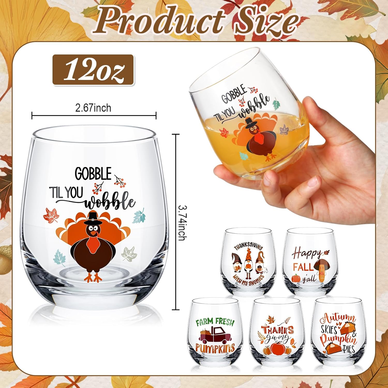 Zhehao 12 Pcs Thanksgiving Stemless Wine Glasses 12 oz Pumpkin Turkey Drinking Glasses Tumblers Cups Holiday Seasonal Ideal Gifts for Fall Autumn Thanksgiving Party - Image 3