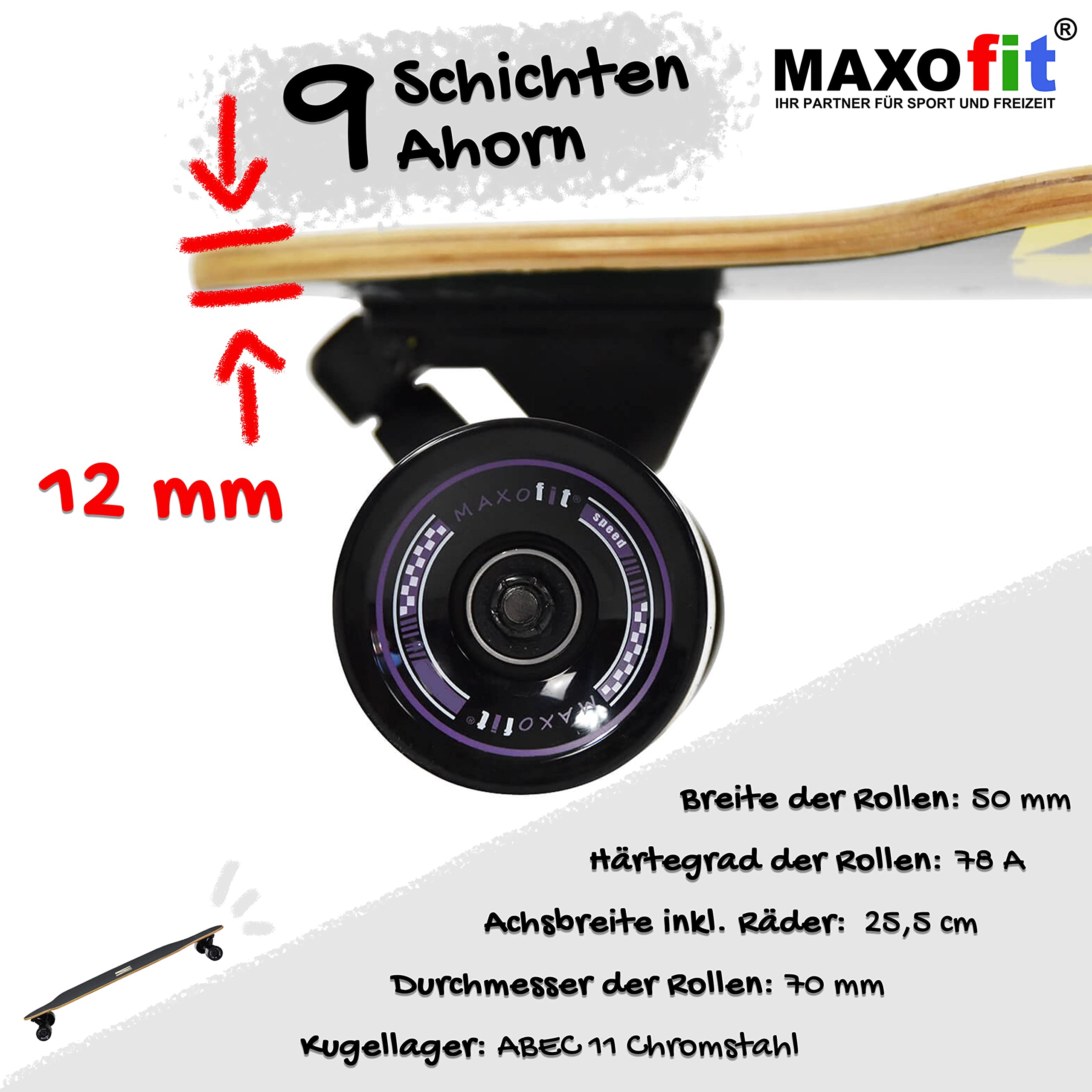 Longboard MAXOfit en diferentes diseños con tablas de madera de arce/bambú de alta calidad para principiantes y avanzados.