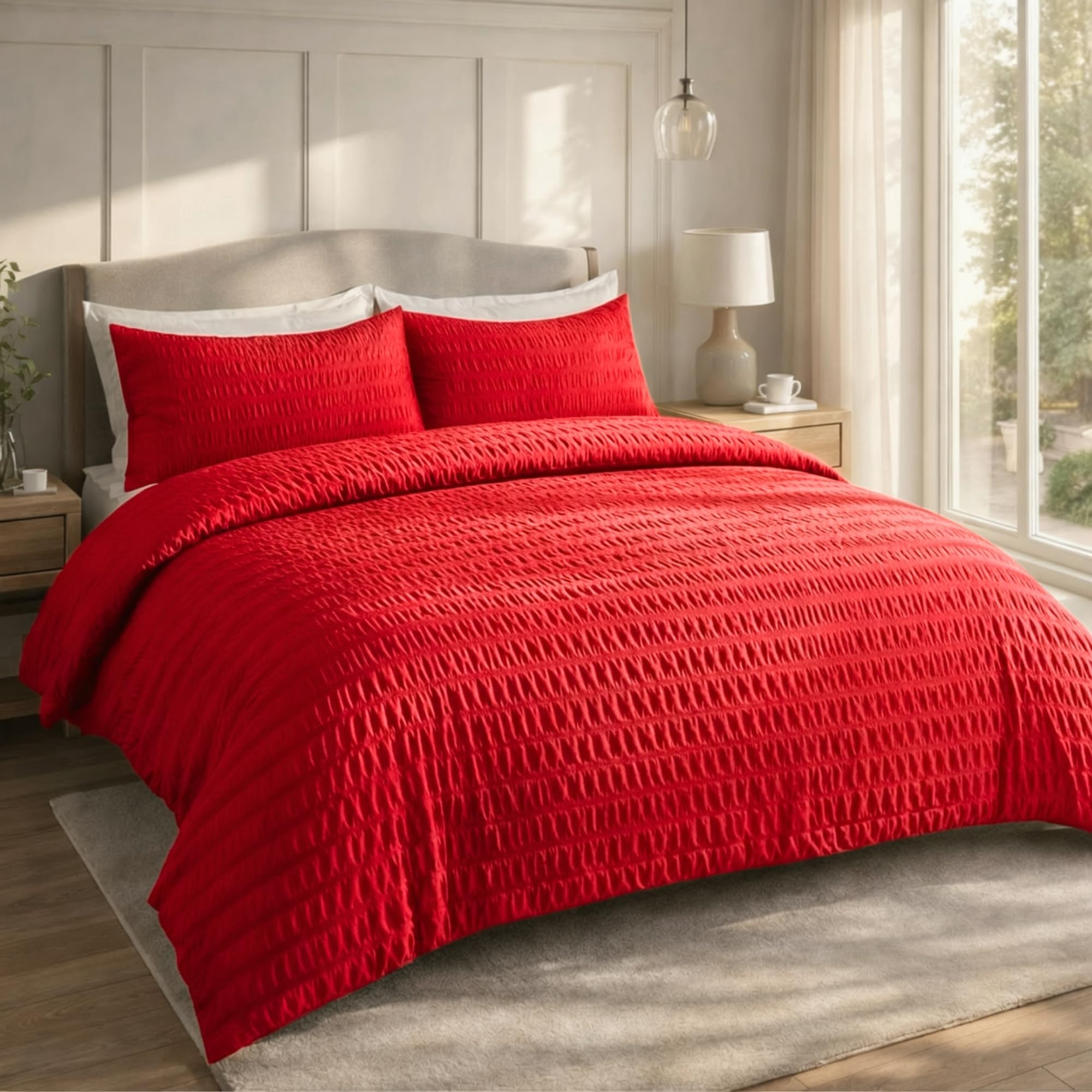 Q & H QUALITY HOUSEHOLD Q&H Bedding Red Seersucker Duvet Cover Set Double with Pillowcase - Ultra Soft Brushed Microfiber Quilt Cover - Breathable, Textured, Easy Care, Machine Washable