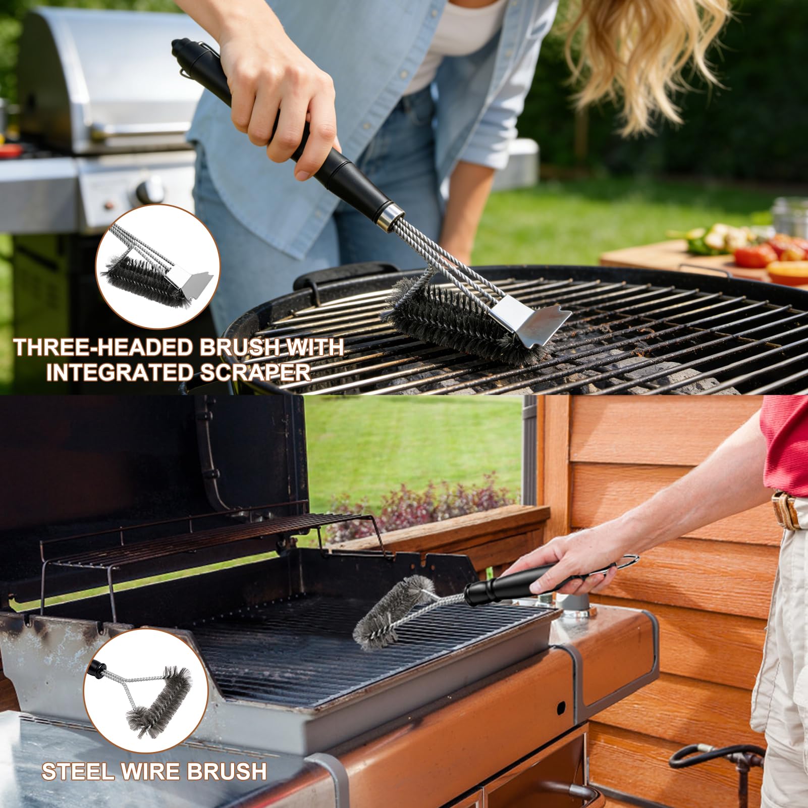 2 cepillos para parrilla con raspador, cepillo de limpieza para parrilla, accesorios para parrilla de carbón de gas