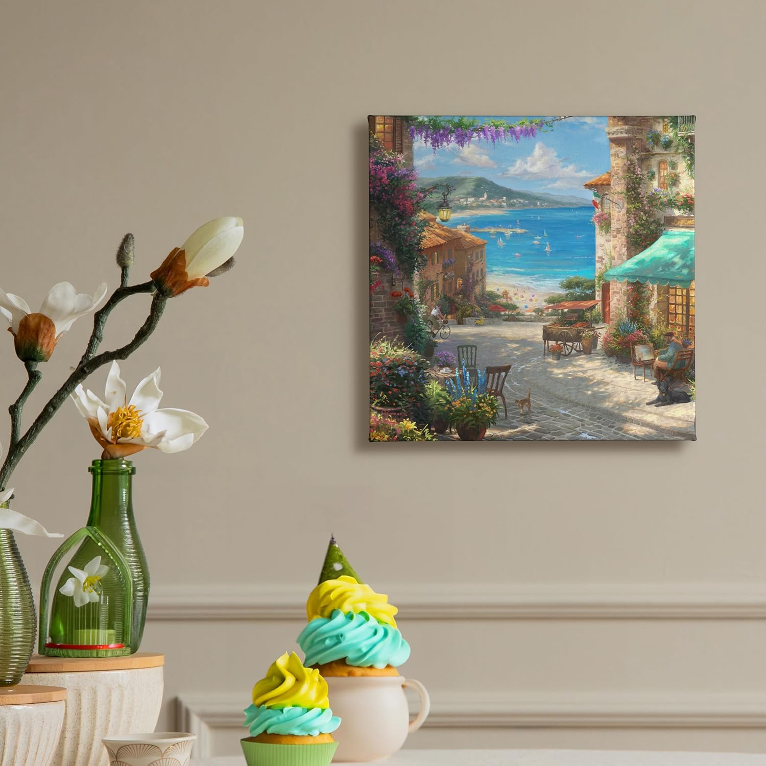 Thomas Kinkade Italian Cafe 14" x 14" Gallery Wrapped Canvas Art | Frameless Room Wall Art | Certificate of Authenticity Included