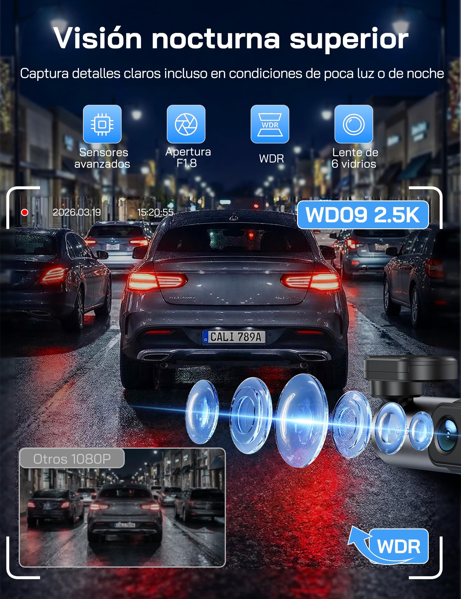 WOLFANG 2.5K Dashcam WiFi Cámara para Coche, Mini Dash Camera para Coches 1440P Front Dash CAM con App, WDR Visión Nocturna, Grabación en Bucle, Soporta Modo Parking 24H, Aviso de Voz, G-Sensor