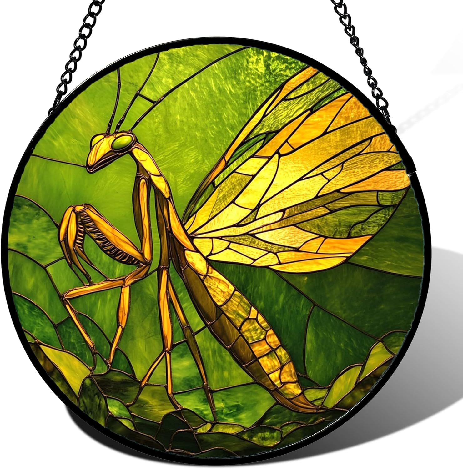 DASTOLL Stained Glass Window Hanging Yellow Green Mantis Large 15" - Suncatcher Door Garden Sun Catcher Home Decor Christmas Birthday for Insect Lovers Woman Mom Grandma Nana