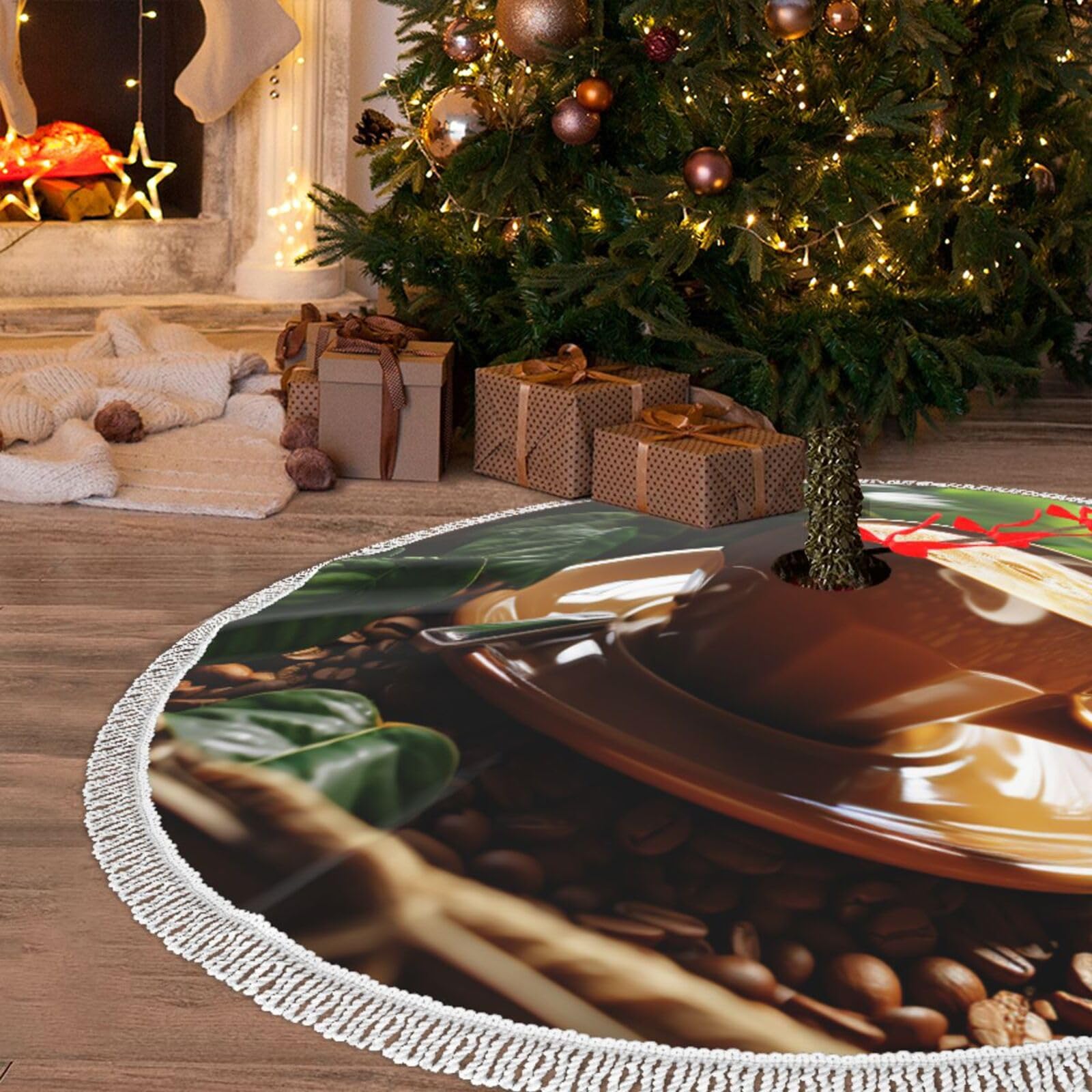 Jupe de sapin de Noël tapis de sapin café et feuilles vertes de 121 cm