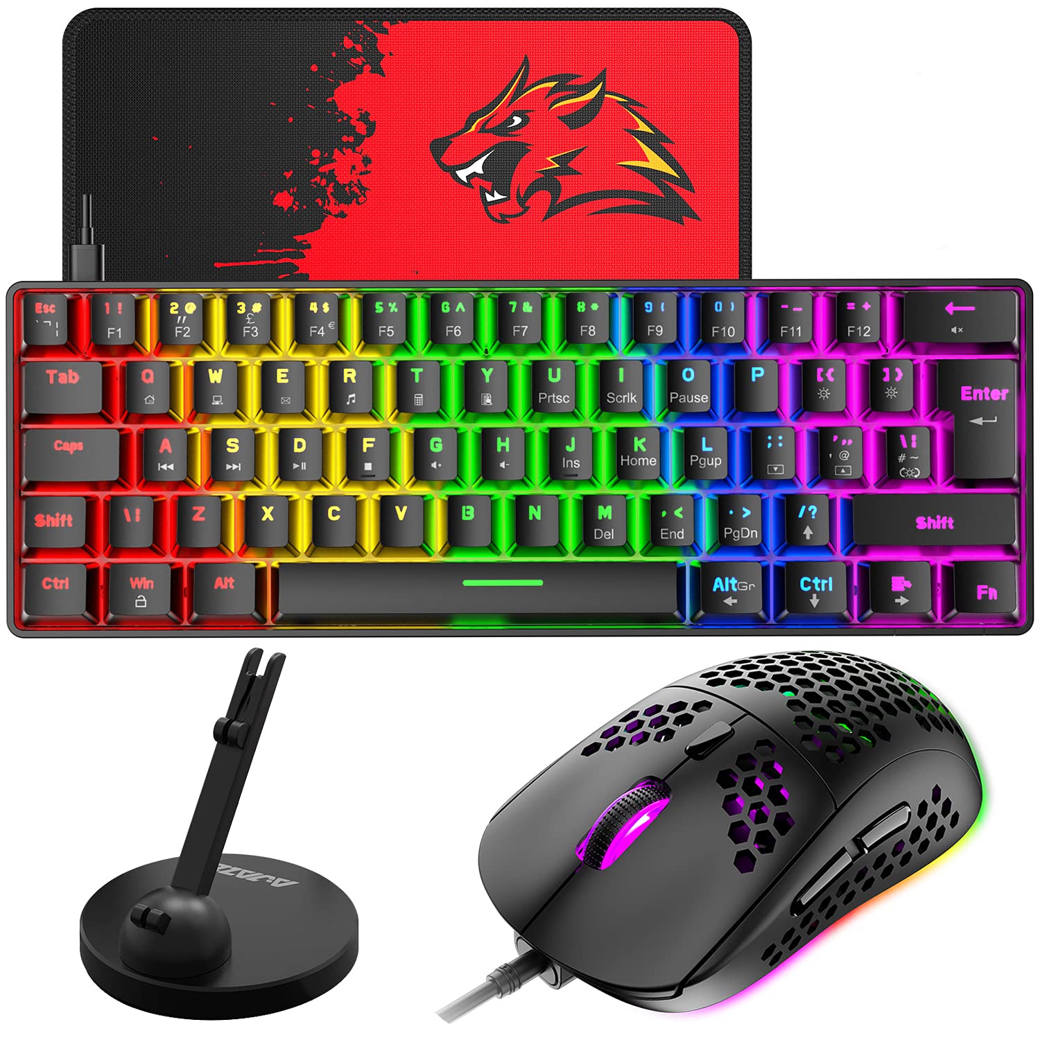 60% UK Layout Wired Gaming Keyboard and Mouse Mouse Bungee 62Keys Compact Mechanical Keyboard, 19 Rainbow Backlit Full Anti-ghosting Keys+6 RGB Backlit 6400 DPI Lightweight Mouse (Black/Blue Switch)