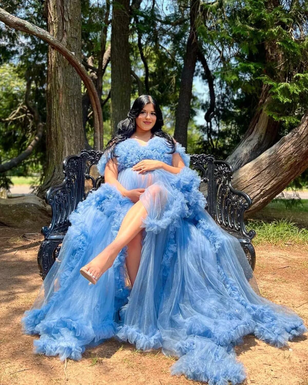 Women's Puffy Tulle Maternity Dress Illusion Ruffles Pregnancy Photoshoot Robe Sheer Baby Shower Gowns Bathgown
