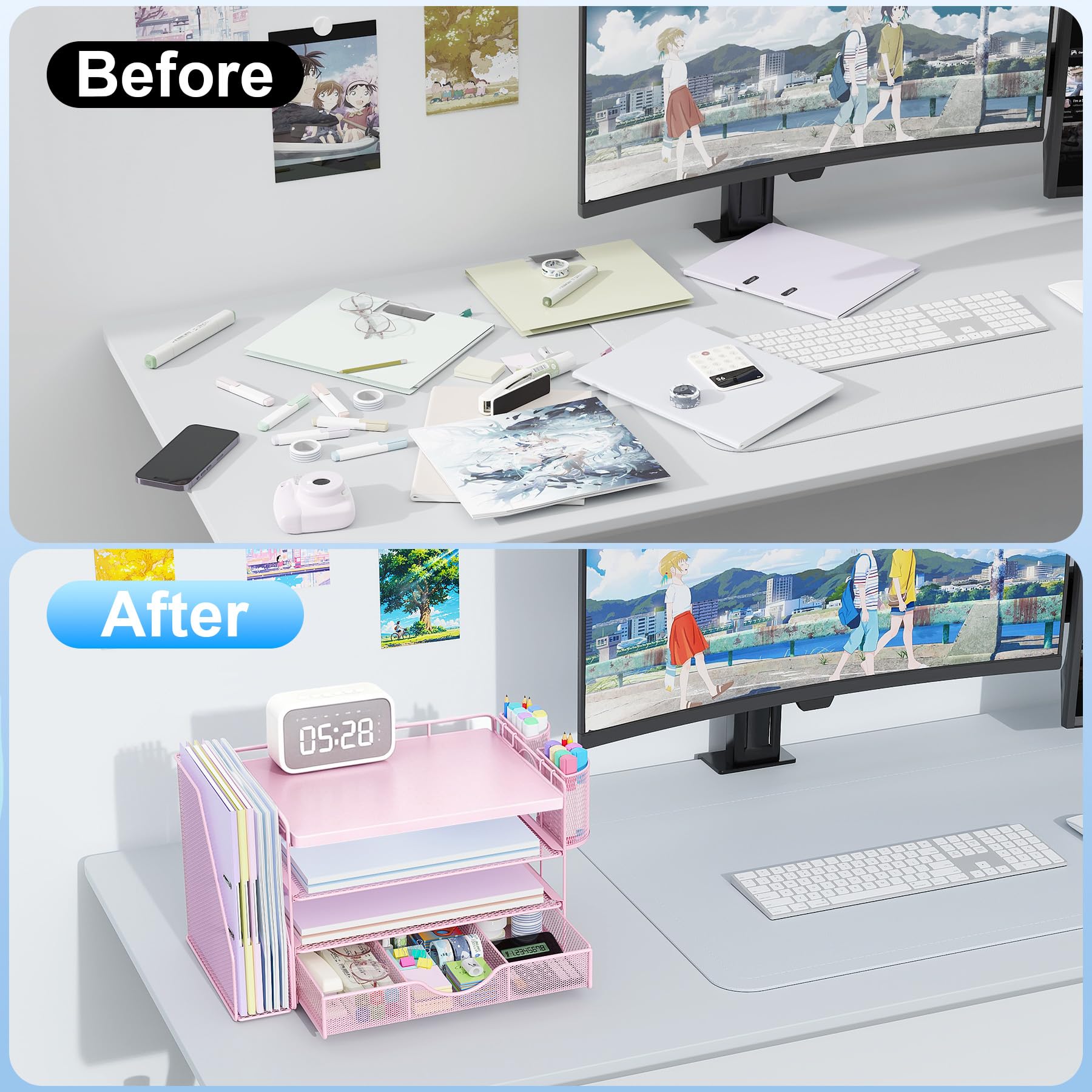 gianotter Wood Desk Organizers and Accessories with File Holder, 4-Tier Desk Accessories & Workspace Organizers with Drawer and 2 Pen Holder, Desk Reference Organizer (Pink, 4T with Metal Drawer) view 2