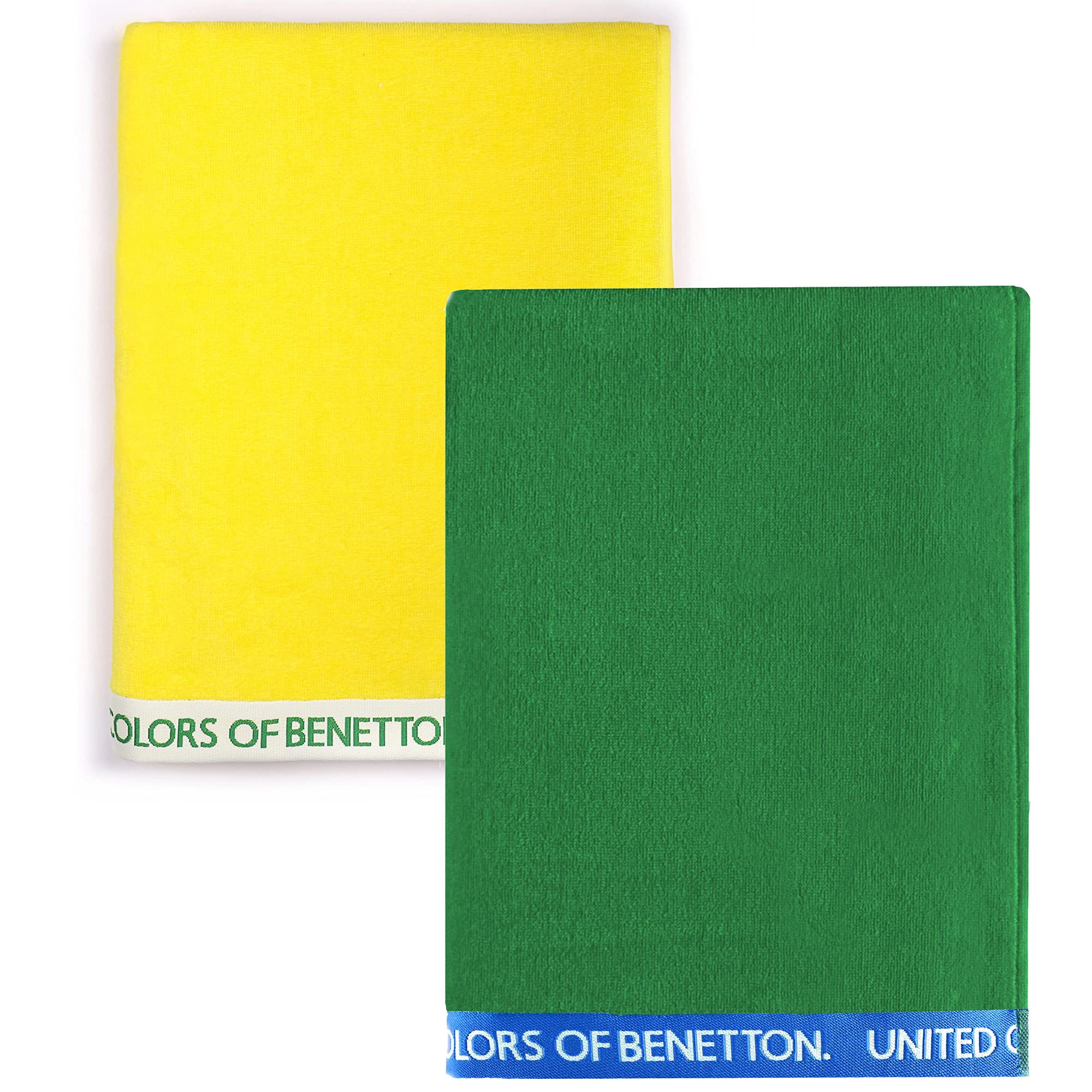 UNITED COLORS OF BENETTON, SET 2 TOALLAS DE PLAYA 90X160CM 380GSM VELOUR 100PercentALGODON CASA BENETTON, Verde + Amarillo, 90x160 c/u