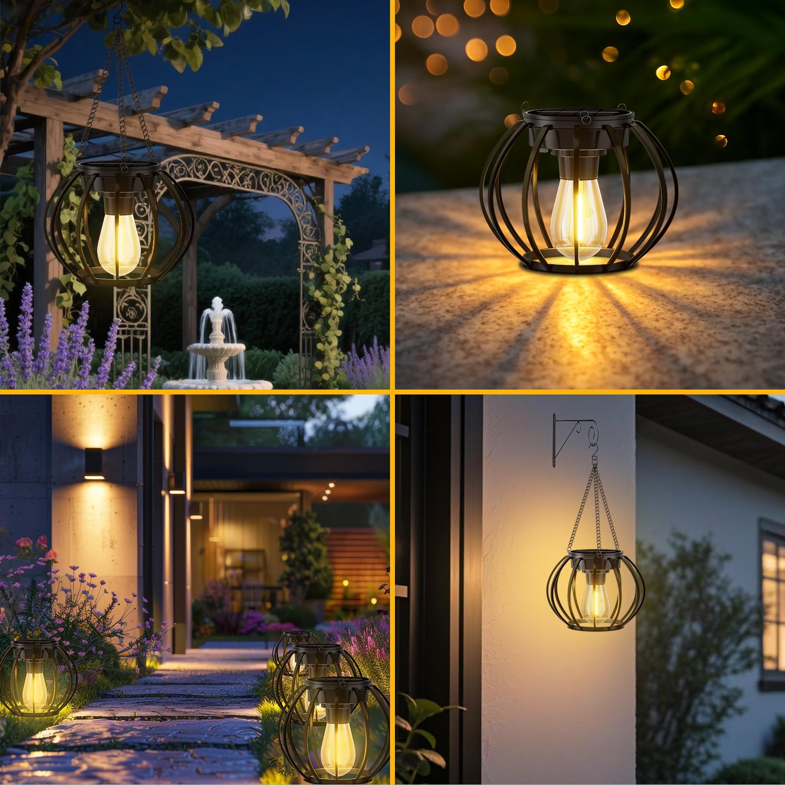 Lampe Solaire Exterieur Suspendue, Lanterne Solaire Exterieur Métal avec Chaîne et Crochet, IP65 Étanche Lanterne Ronde Decorative à Suspendre pour Terrasse Balcon Cour Jardin, lot de 2