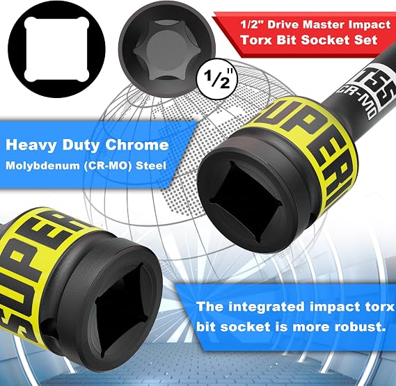 1/2 Inch Impact Torx Bit Socket Set，T25-T80 Star Bit Socket Set 10 Piece for Mechanical Repair