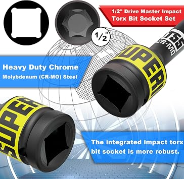 1/2 Inch Impact Torx Bit Socket Set,T25-T80 Star Bit Socket Set 10 Piece for Mechanical Repair