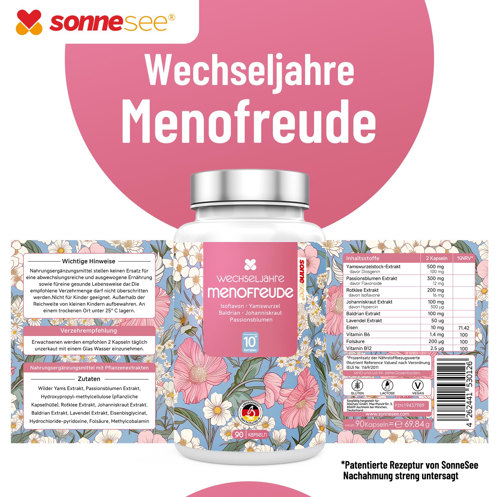 wechseljahre Komplex10 fach kapseln Hochdosiert 500mg Yamswurzel Rotklee-Isoflavone Wechseljahresbeschwerden bei Frauen Meno Balance in Deutschland produziert