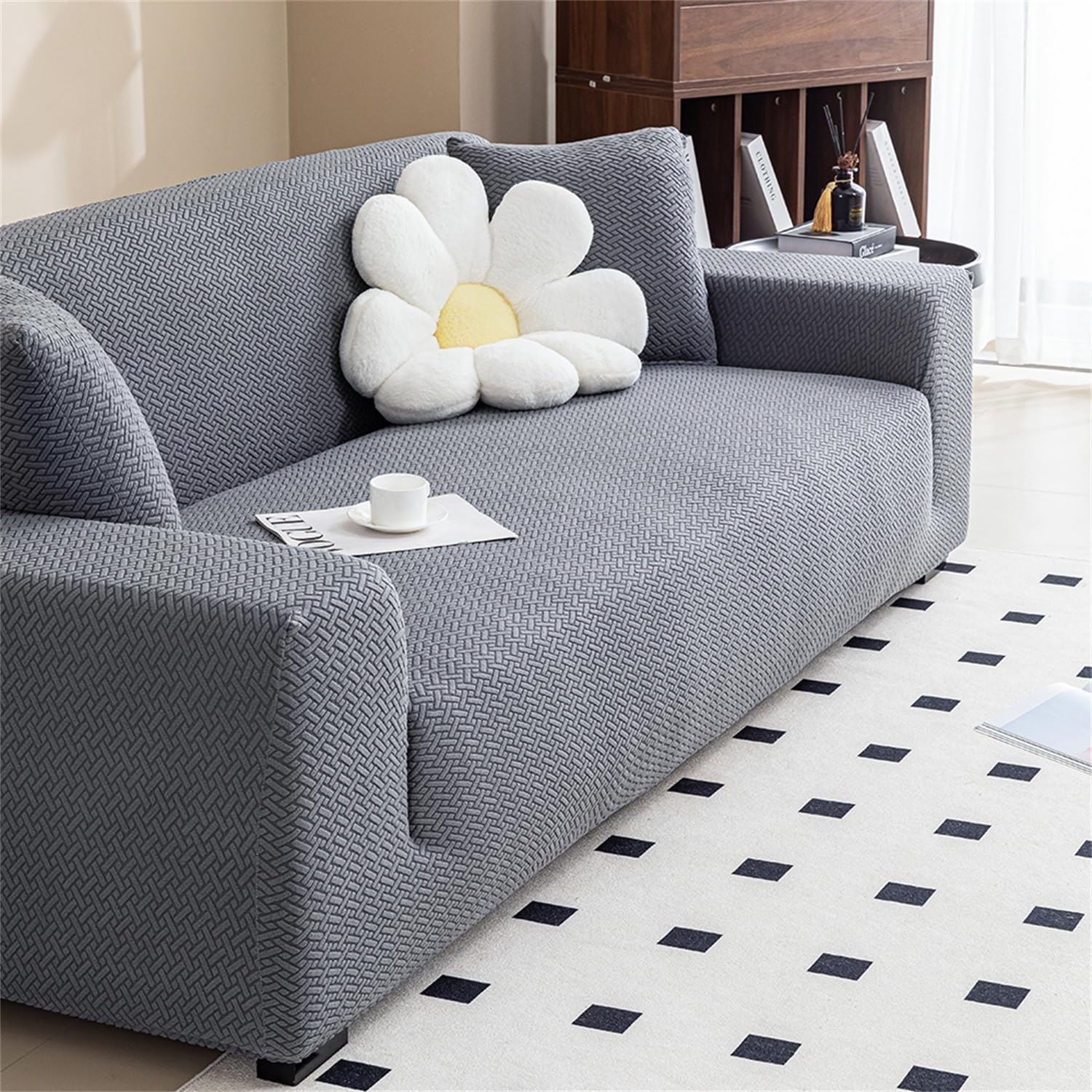 Copridivano 3 Posti Con Braccioli, Copri Divano Elasticizzato Copridivani Antiscivolo Antimacchia Universale | Sofa Cover Jacquard Antigraffio Gatto e Cani, Grigio Scuro