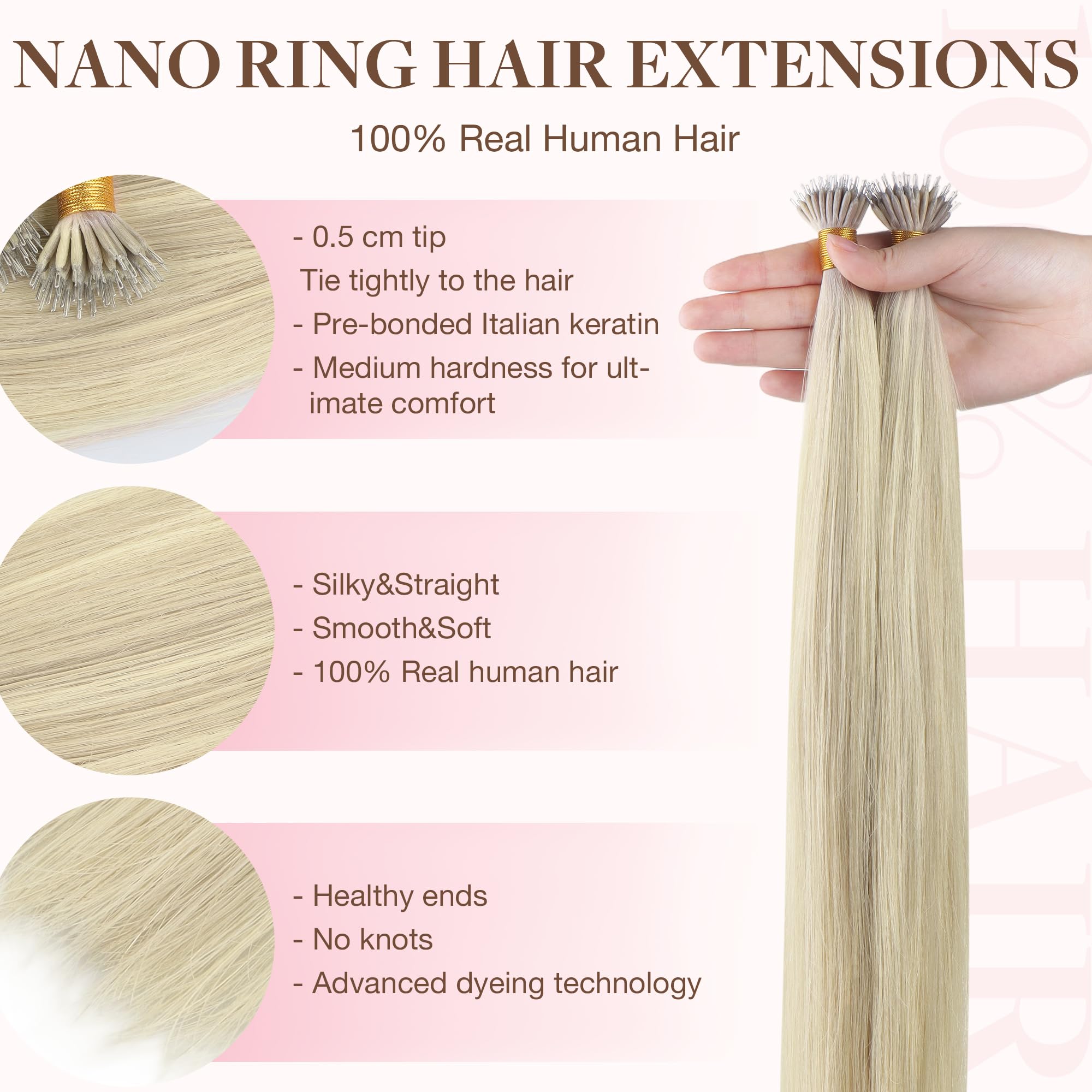 GOO GOO Nano Hair Extensions Real Human Hair, Nano Beads Hair Extensions - Image 2