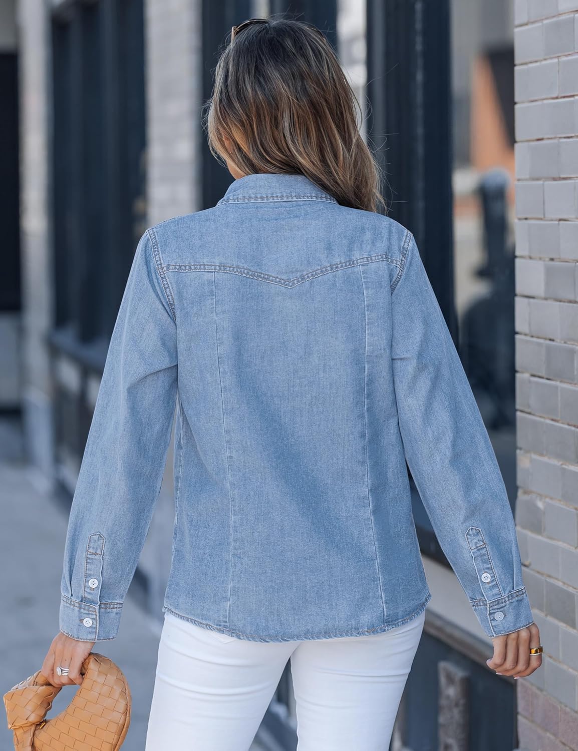 luvamia Denim Shirts for Women Long Sleeve Button Down Chambray Relaxed Fit Western Jean Shirts Casual Collared Jean Top - Image 3