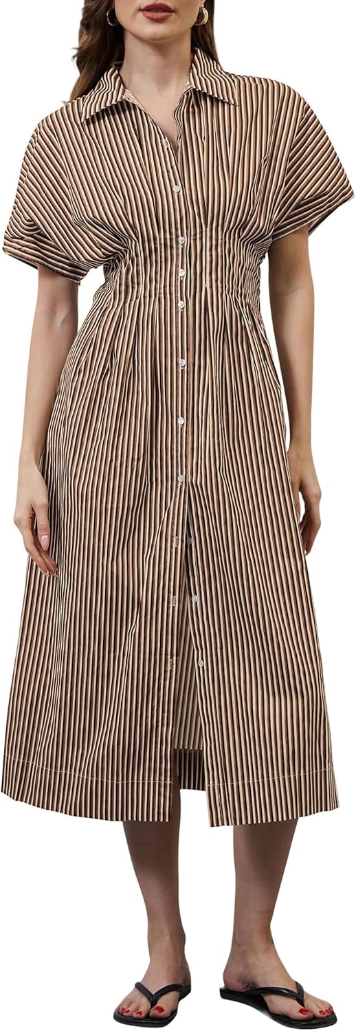 Women Button Front Pleated Shirt Maxi Dress Summer Striped Prints Short Sleeve Collar Casual Long Dresses