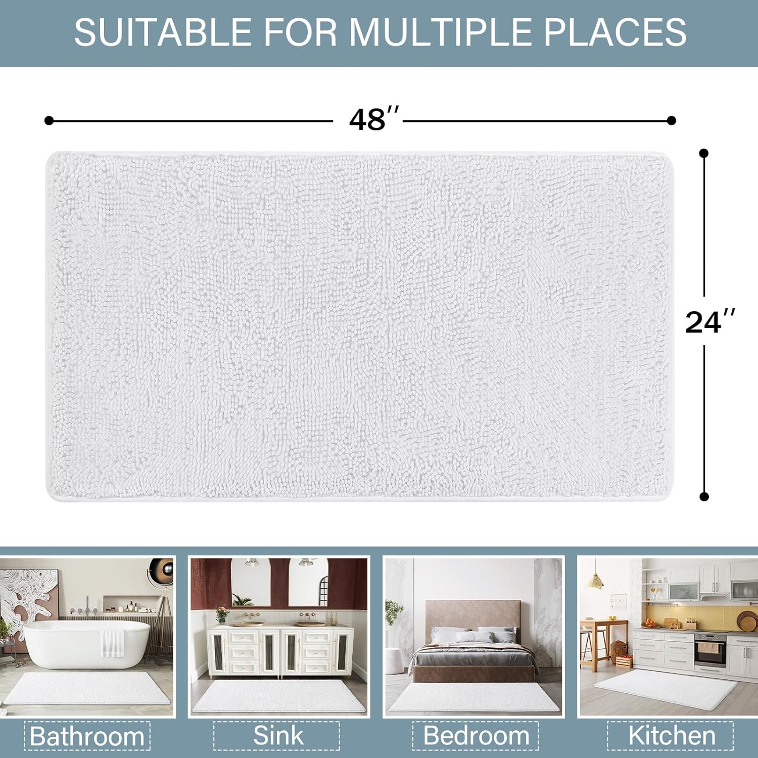 lochas luxury bathroom rug shaggy bath mat 24 x 48 inch, washable non slip bath rugs for bathroom shower, soft plush chenille absorbent carpets mats, white white 2' x 4' (24''x48'')