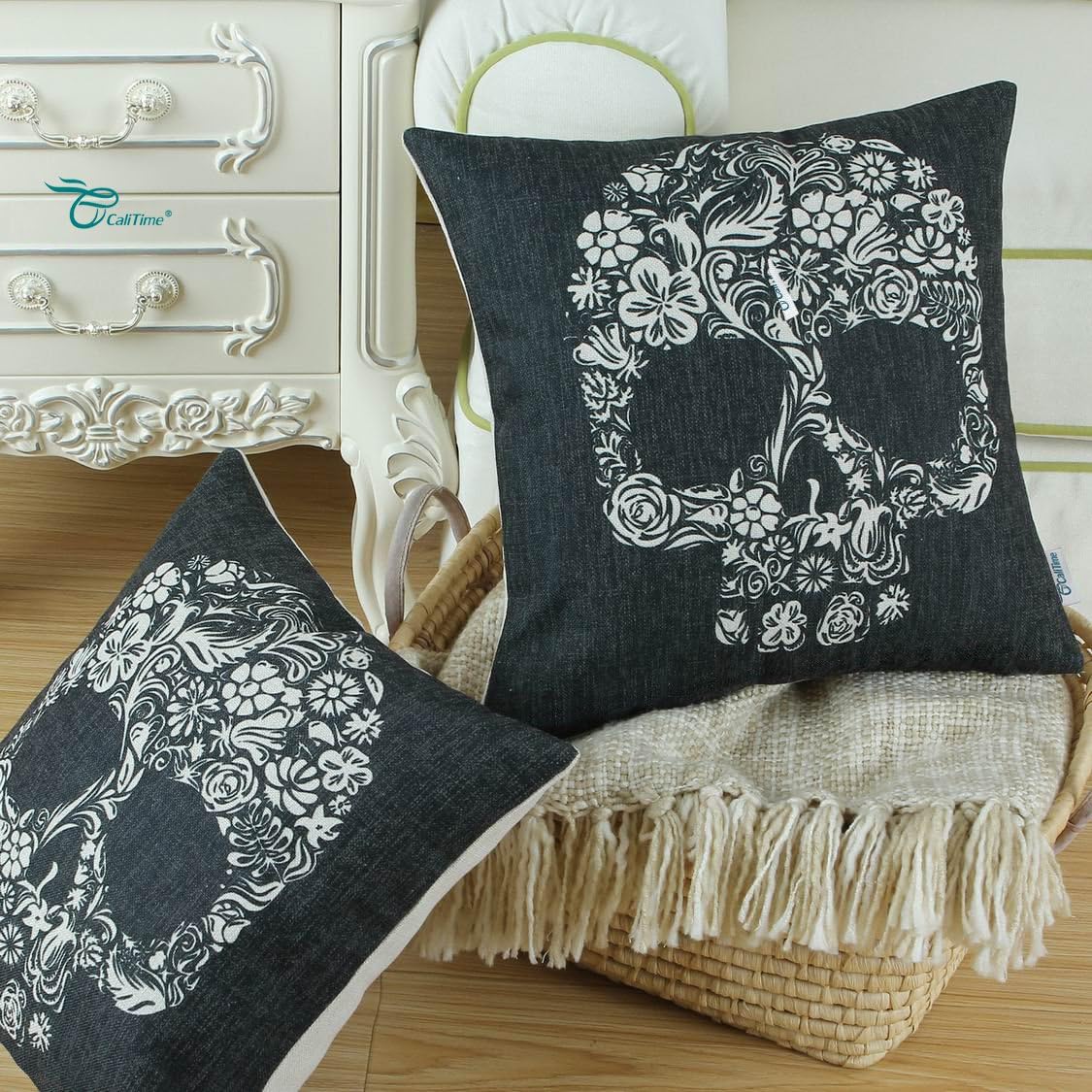 CaliTime Canvas Throw Pillow Case Shell for Couch Bed Home Decoration Halloween Floral Skull 18 X 18 Inches Black