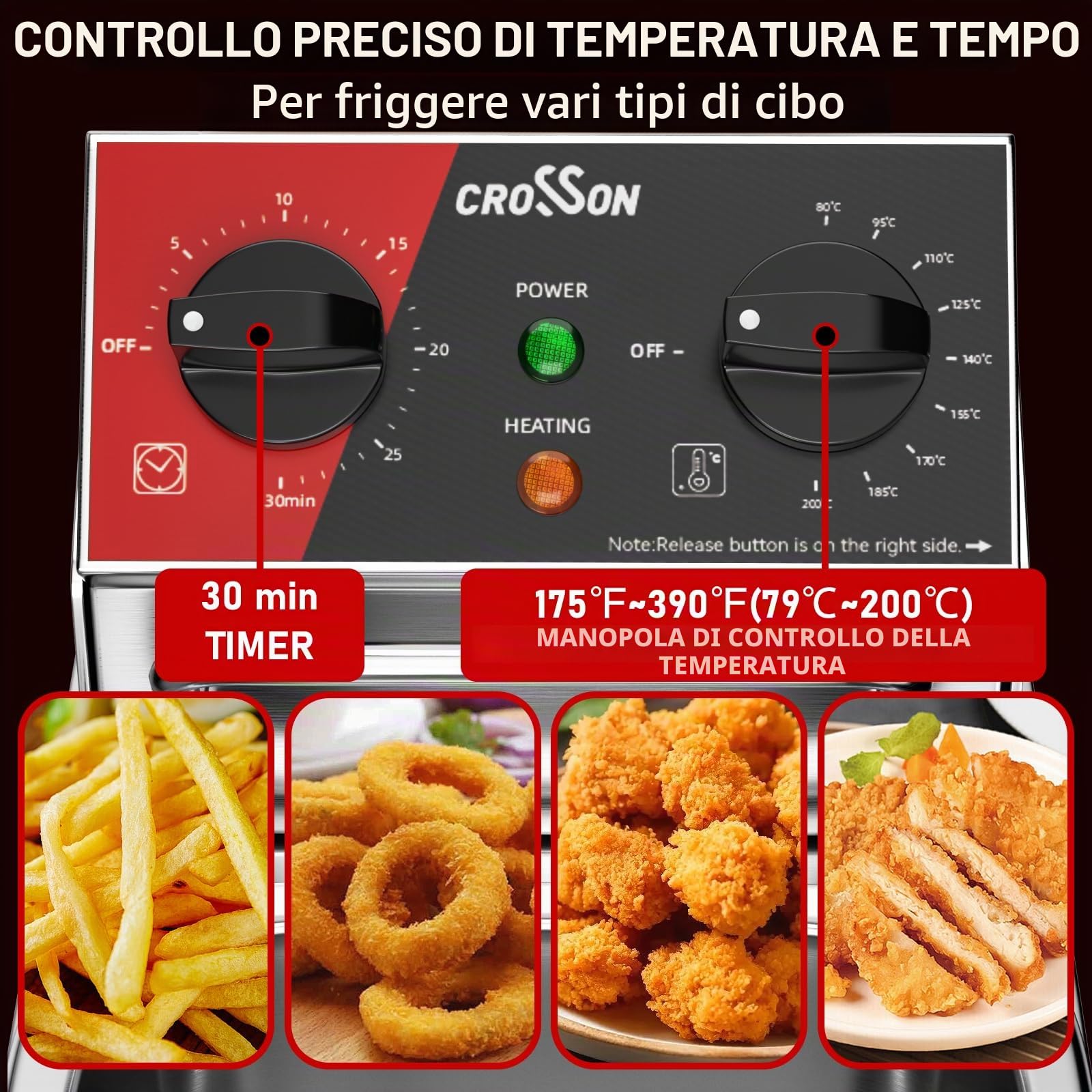 CROSSON Friggitrice Elettrica Professionale 4L 2000W Friggitrice a Olio Elettrica con Cestello e Coperchio,Riscaldamento Rapido,per Cucina Hotel Ristorante，serbatoio singolo da 4L