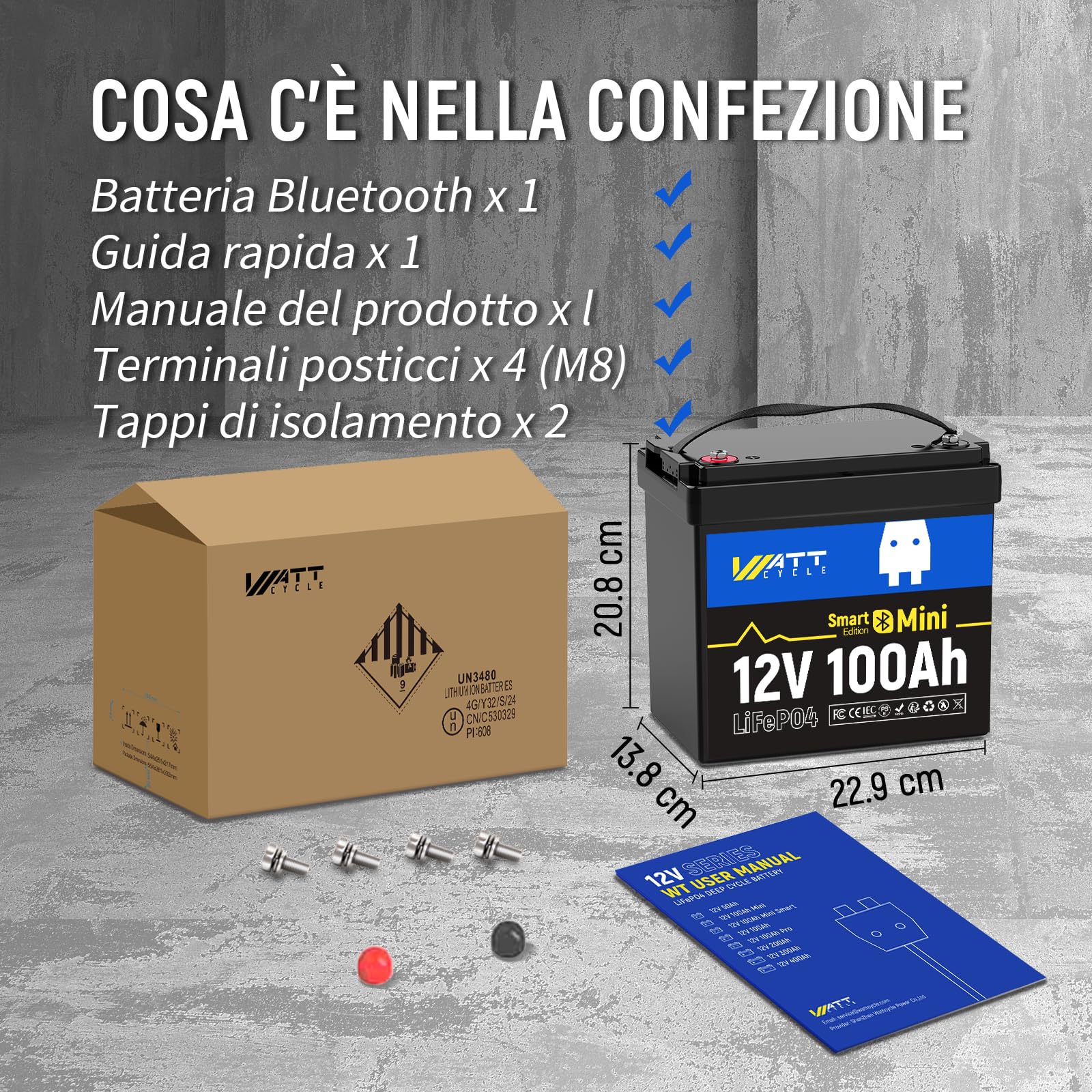 WattCycle Batteria LiFePO4 12V 100Ah con Bluetooth, Batteria al Litio 1280Wh con BMS Intelligente 100A, 15000+ Cicli, Protezione Bassa Temperatura, Batteria Deep Cycle per Camper, Barca, Fotovoltaico