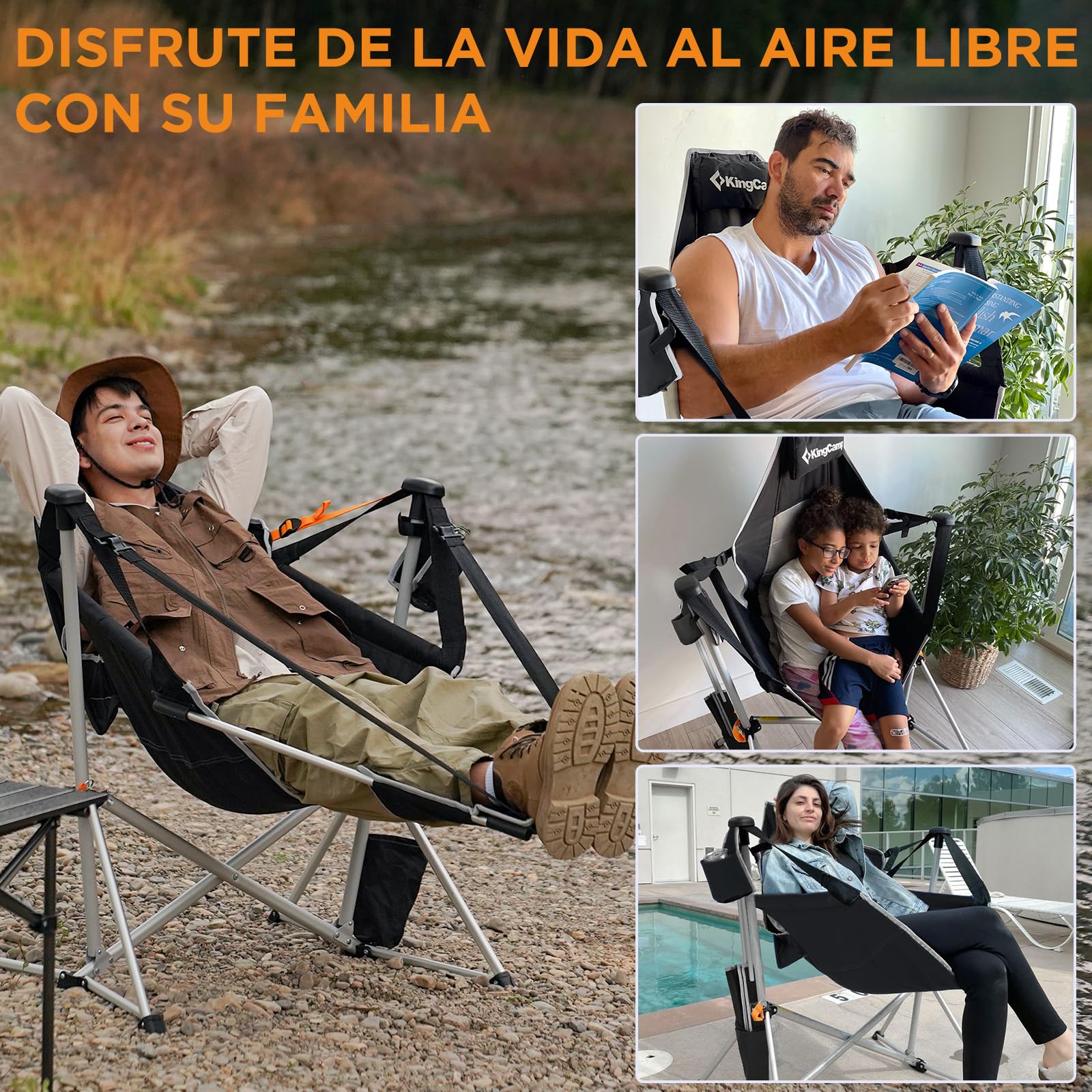KingCamp Silla Mecedora de Camping con Reposapiés Plegable Negra | Respaldo Reclinable 90-130°, Balanceo Suave, Hasta 180 kg, Reposacabezas, Aluminio, Portavasos para Camping y Jardín