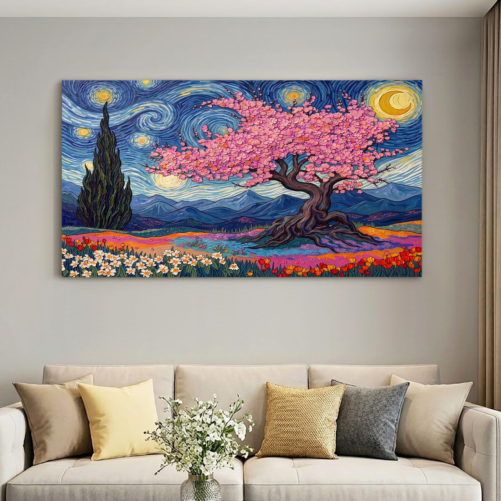 Generisch Lienzo de pared con marco de madera, pintura de flores estéticas, decoración de pared de cielo en flor de cerezo, fácil montaje para sala de estar, dormitorio, hogar, 90 l x 60 cm, azul