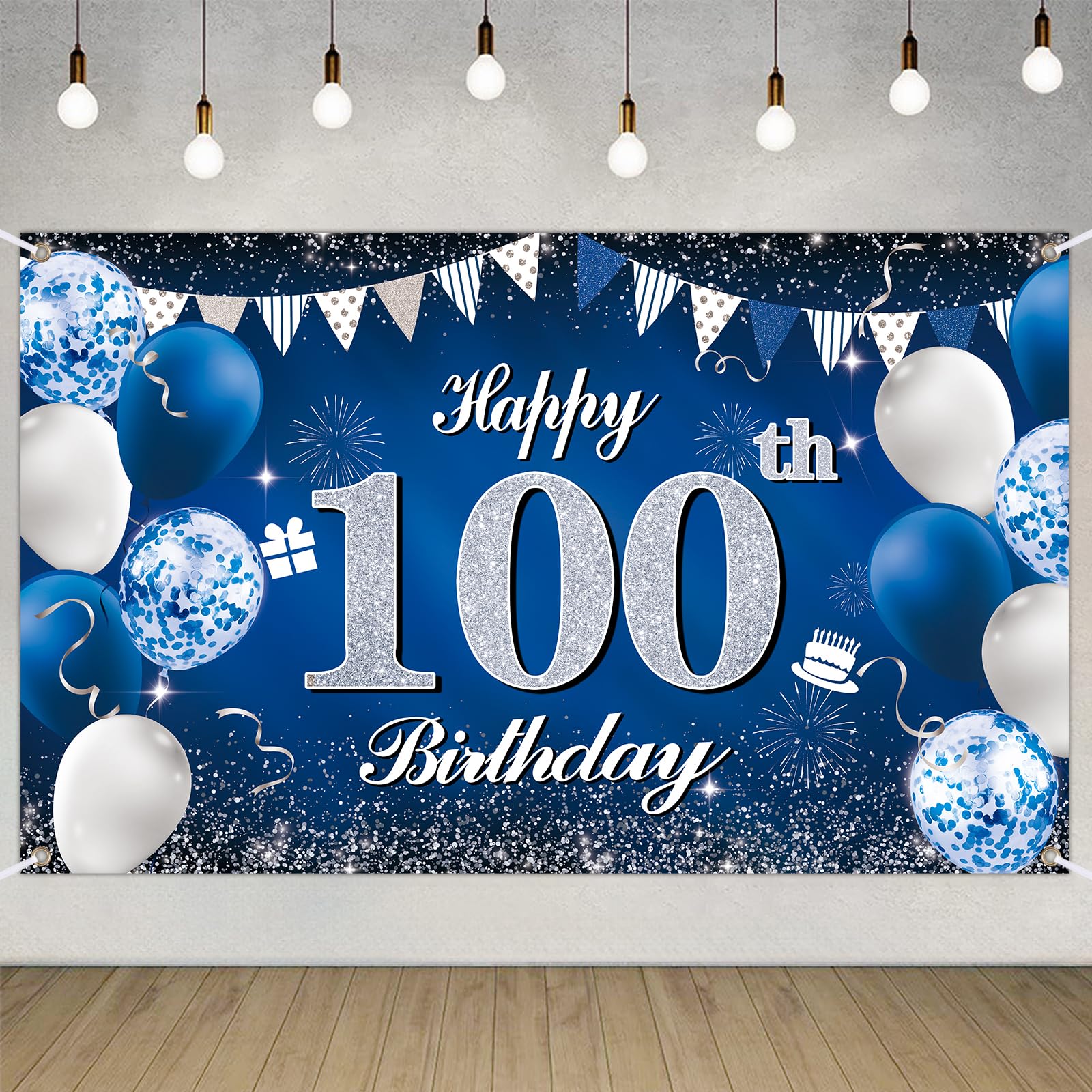 Happy 100th Birthday Decorations Blue Birthday Banner for Party Backdrop for Men Women Party Decoration Supplies