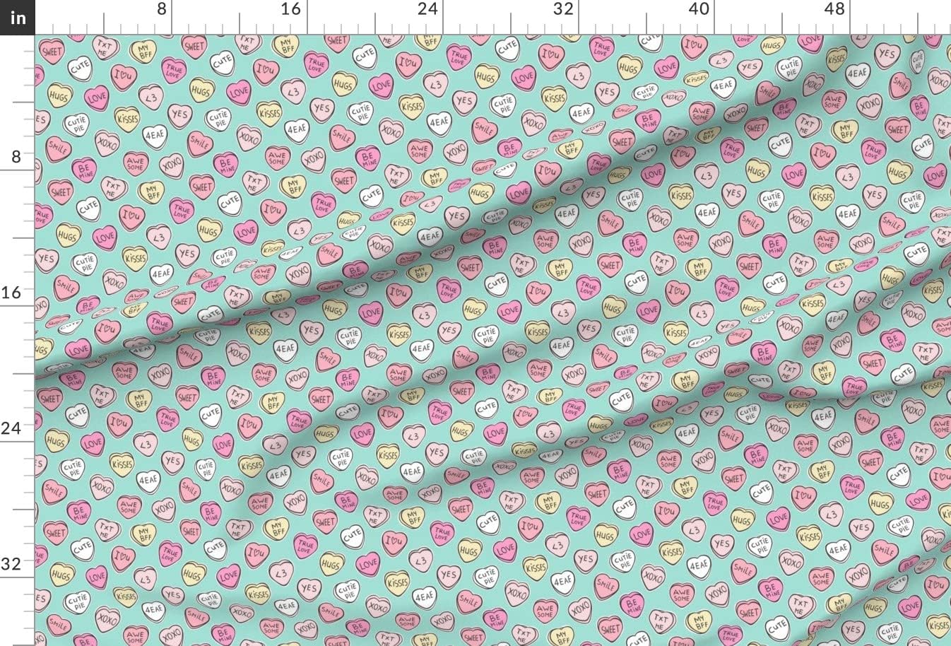 Spoonflower Fabric - Candy Hearts Valentine Love Mint Green Valentines Day Printed on Upholstery Velvet Fabric Fat Quarter - Upholstery Home Decor Bottomweight Apparel
