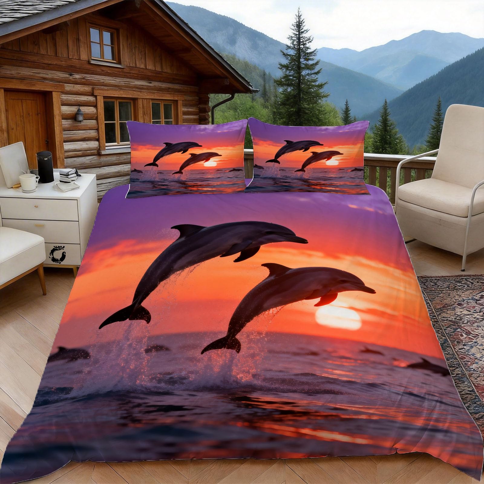 3D Single Duvet Cover Set 3D Printed Dolphin Bedding, Sunset Soft Microfibre Duvet Cover Sets Quilt Cover and Pillow Set with Zipper 3 Pcs