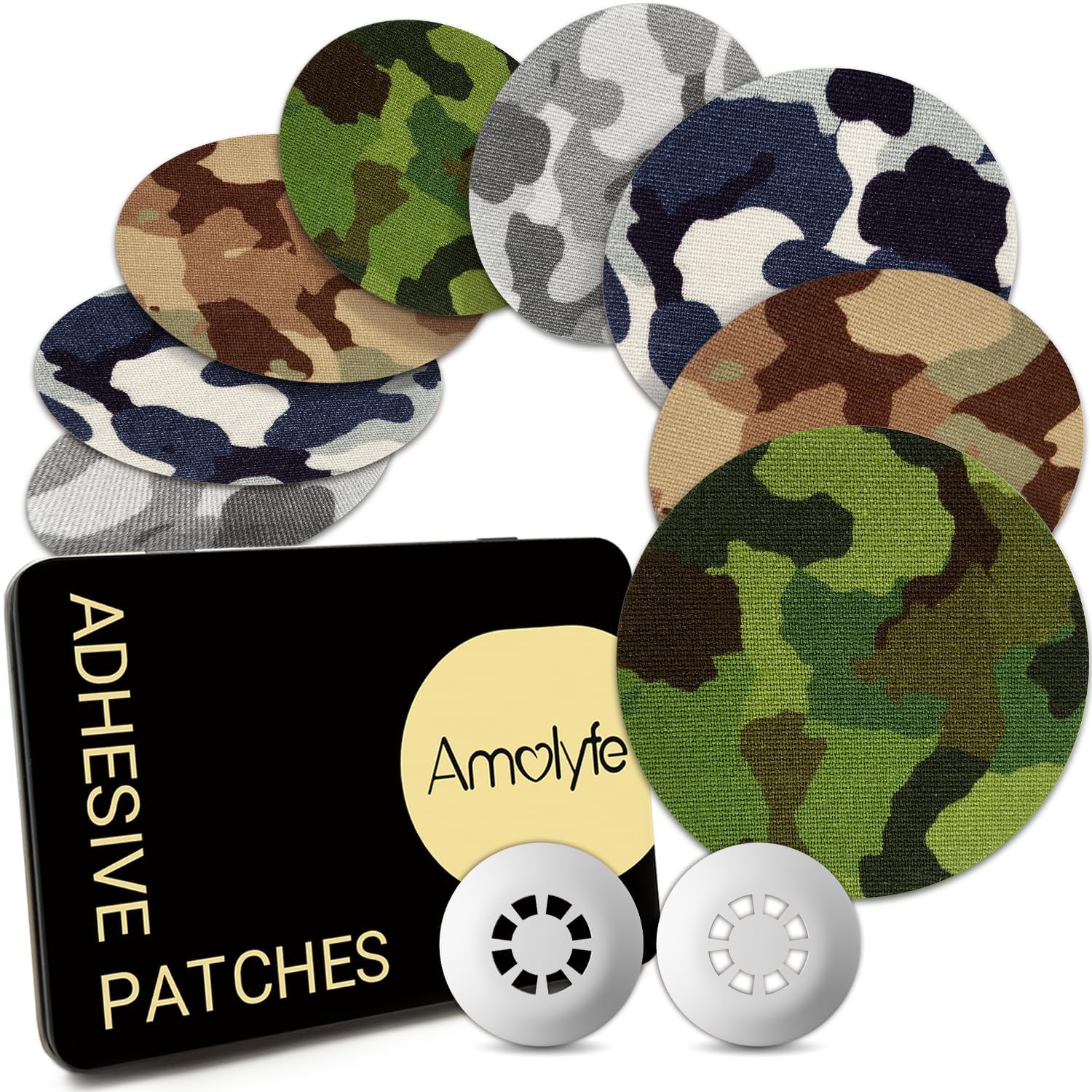 Libre 3 Sensor Covers Waterproof Camo, 20-Pack Amolyfe Adhesive Patch for Freestyle Libre 3 & Plus, Bump-Proof with 2 Hard Caps and Tin Case,