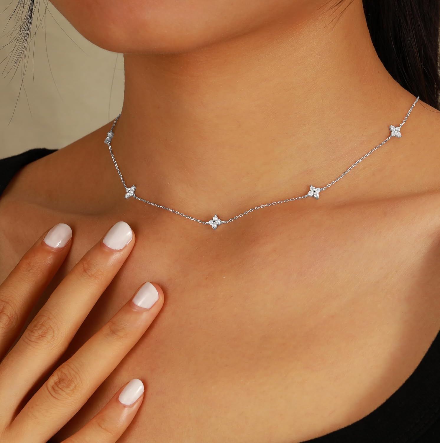 XAYAH Valentine Gifts Dainty Lucky Leaf Necklace for Women 925 Sterling Silver Trendy 14K Gold Plated Cute White CZ Flowers Pendant Choker Necklaces to Daughter Mom Stackable Chain Wedding Prom Brides Jewelry - Image 3