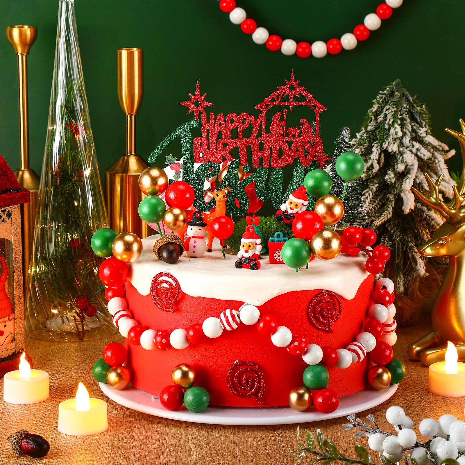 Cinnvoice 31 piezas de decoración para tartas de Navidad con purpurina de Jesús, decoración de pastel de bola, verde, rojo, dorado, belén, decoración para Navidad, vacaciones, boda, aniversario,