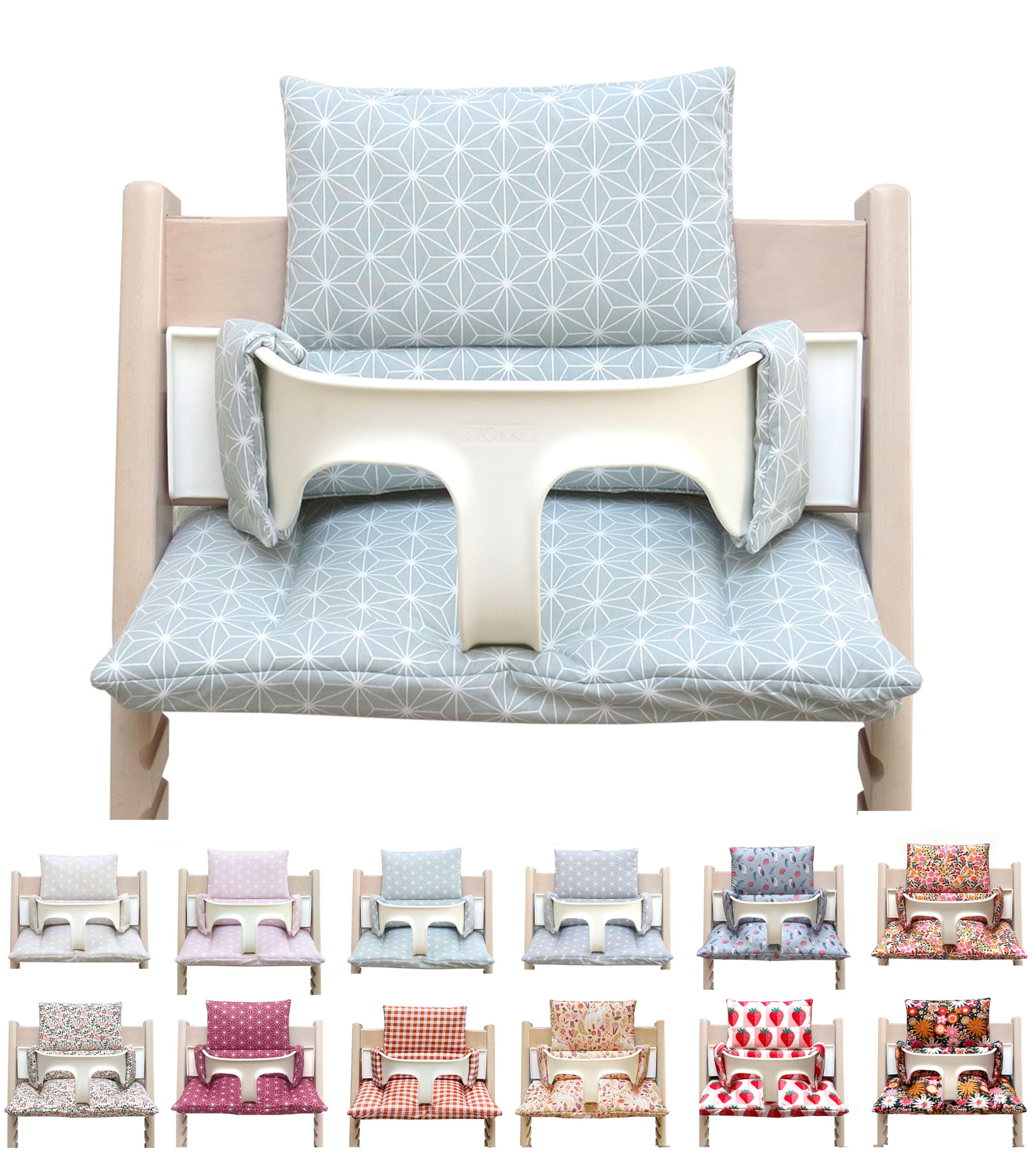 Blausberg Baby - Sitzkissen Set kompatibel mit Tripp Trapp® Stokke Hochstuhl Sitzkissen ABWASCHBAR Öko-Tex Baumwolle, 6 cm Sitzpolster nutzbar mit Baby Set & Holzbügel & Tray Table - Happy Star Grün