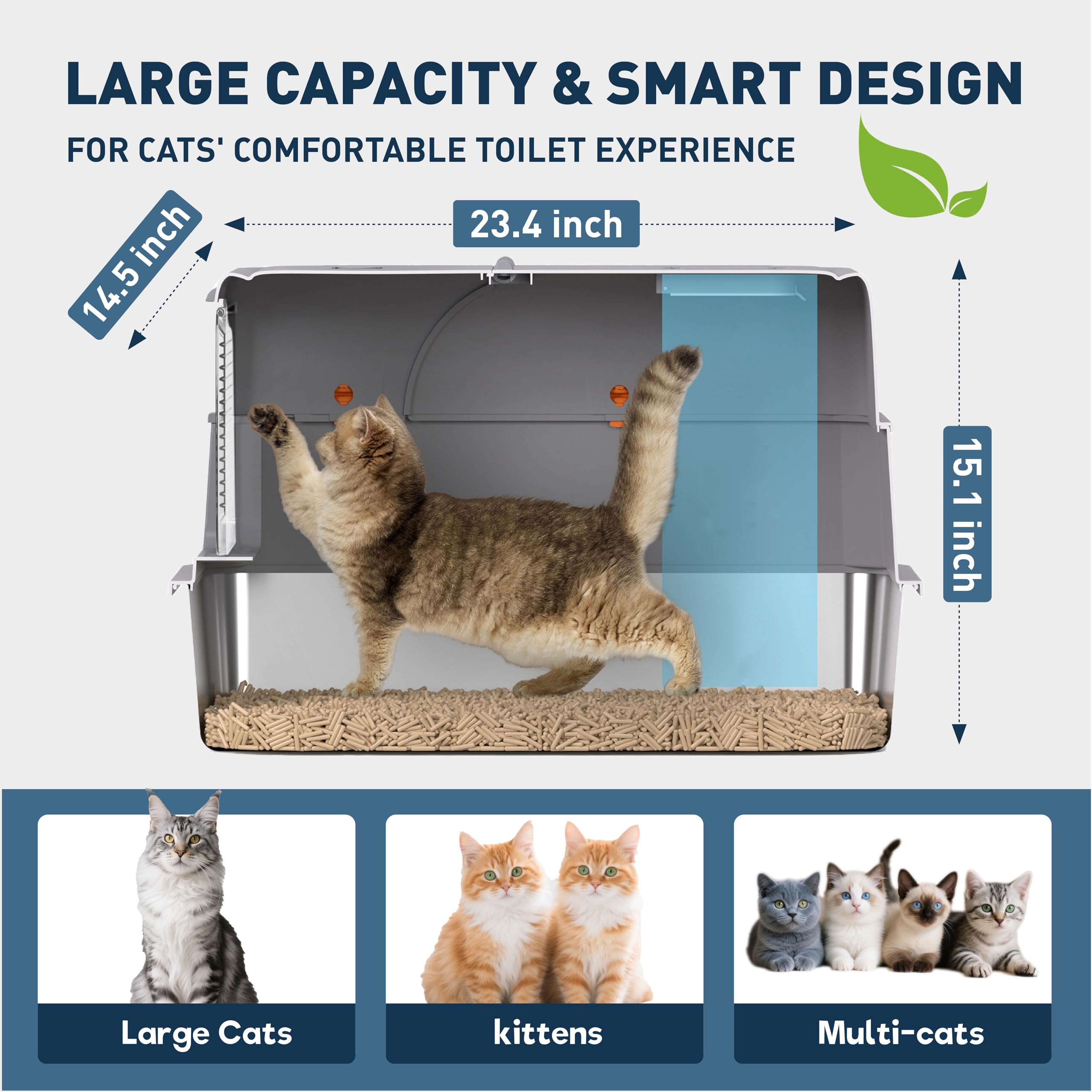 Stainless Steel Cat Litter Box - Gray High-Sided Enclosed Design, Anti-Leak, Reduces-Odors, Non-Sticky, Easy to Clean, Metal Cat Litter Box, High Side Includes Scoop and Steps, Large Capacity - image 2